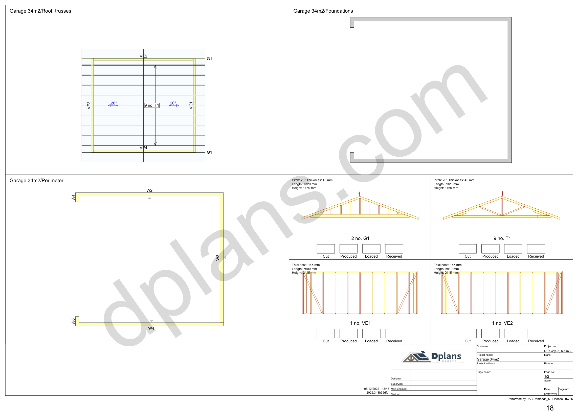 18x20 garage plans, overview sheet with the truss plan, foundation, perimeter and wall panels (metric, mm)