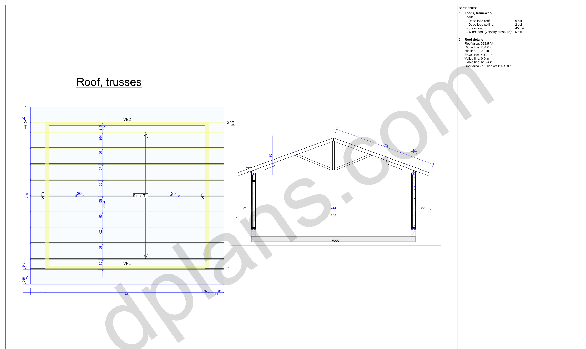 18x20 garage plans, roof truss layout plan and cross section with wall and ridge heights (imperial, inches)