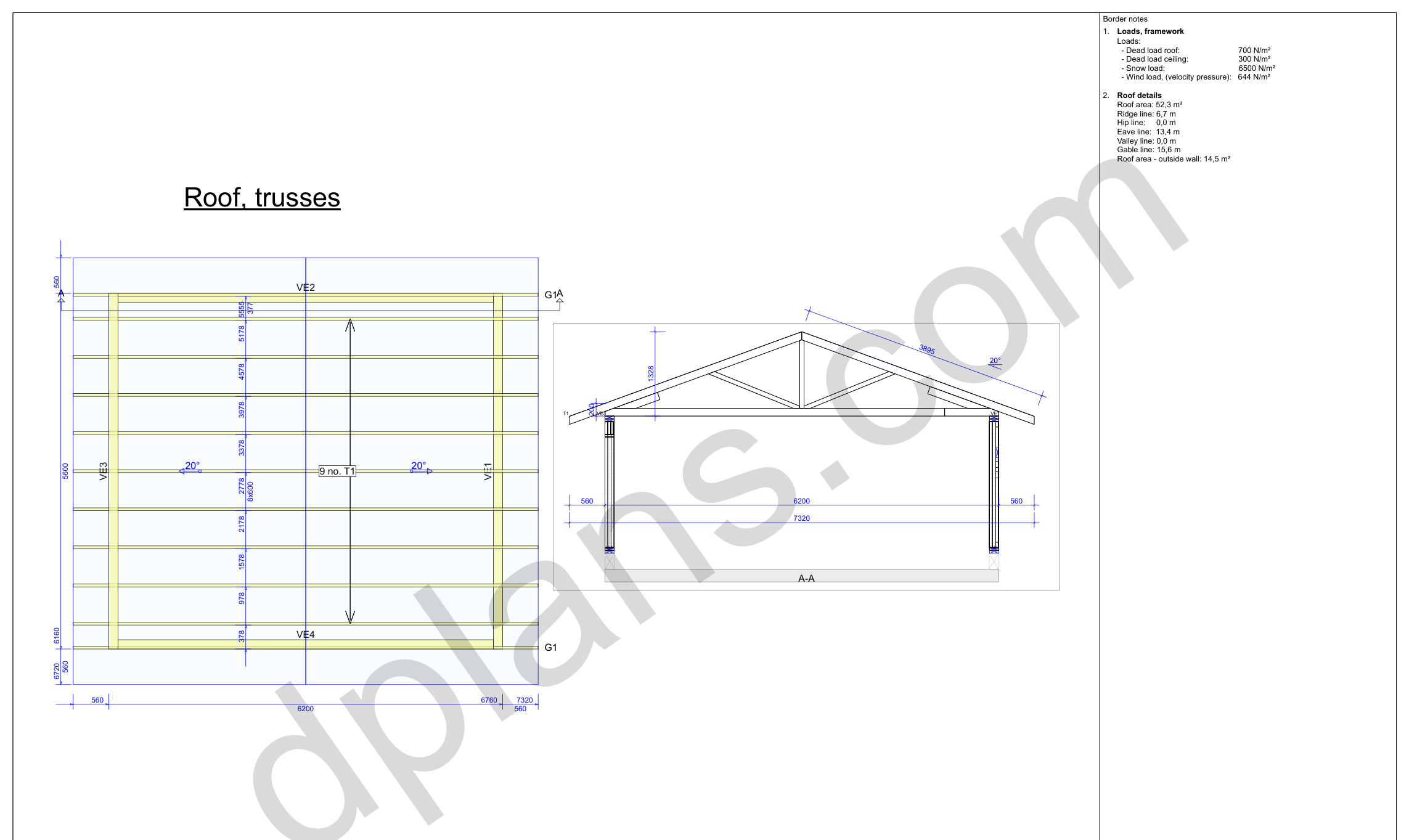 18x20 garage plans, roof truss layout plan and cross section with wall and ridge heights (metric, mm)