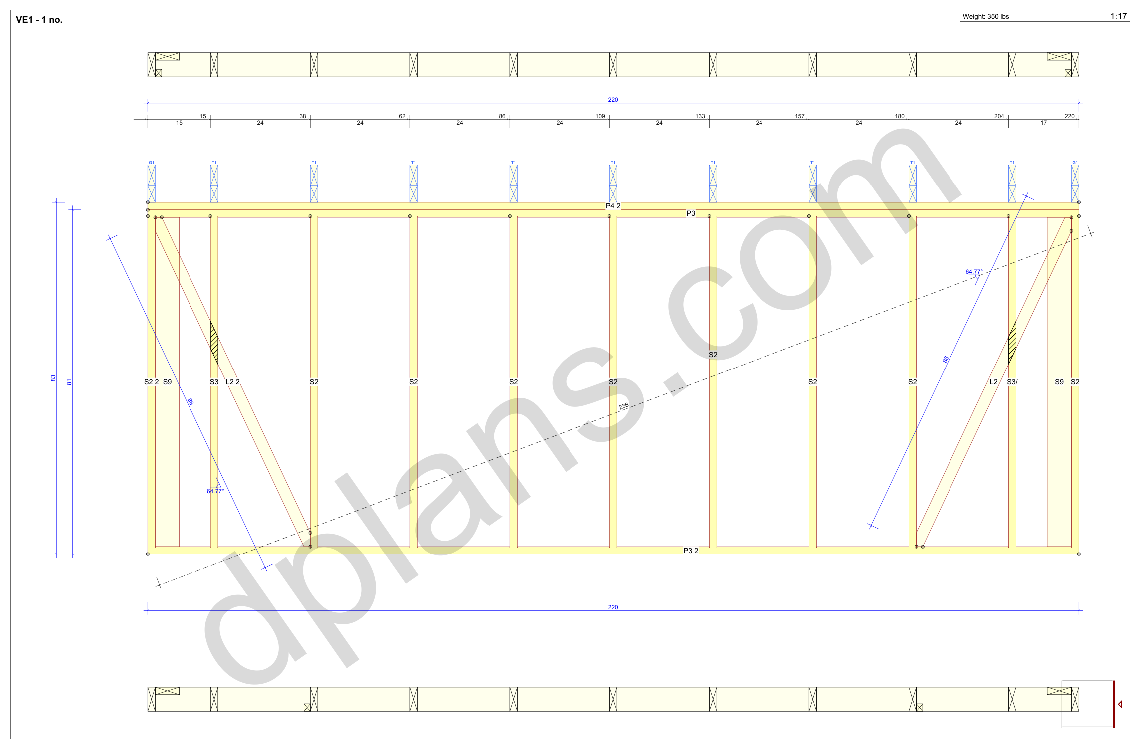 18x20 garage plans, wall panel framing elevation with stud spacing and the cut list (imperial, inches)
