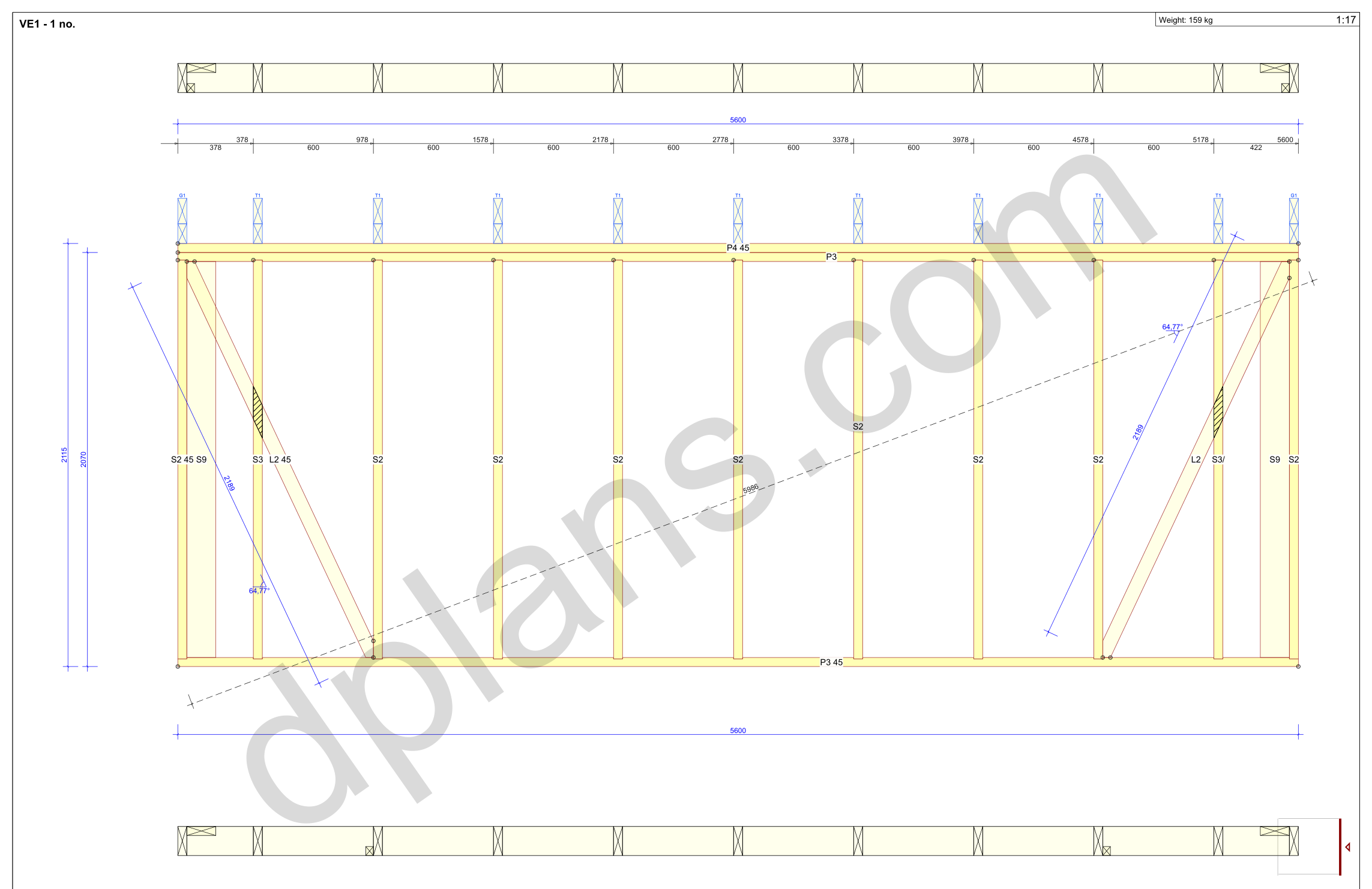 18x20 garage plans, wall panel framing elevation with stud spacing and the cut list (metric, mm)