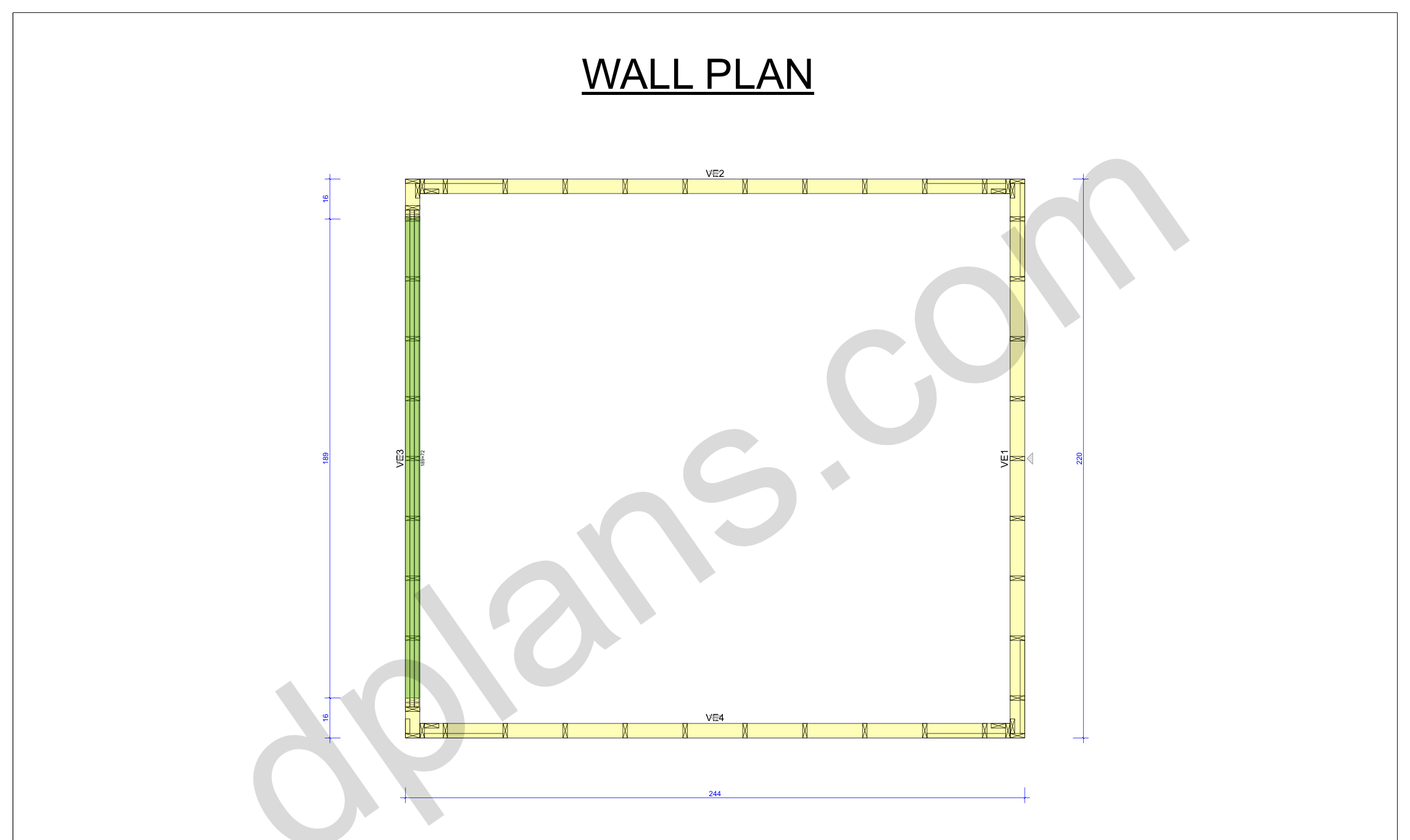 18x20 garage plans, wall layout plan with the four wall panels and the door opening (imperial, inches)