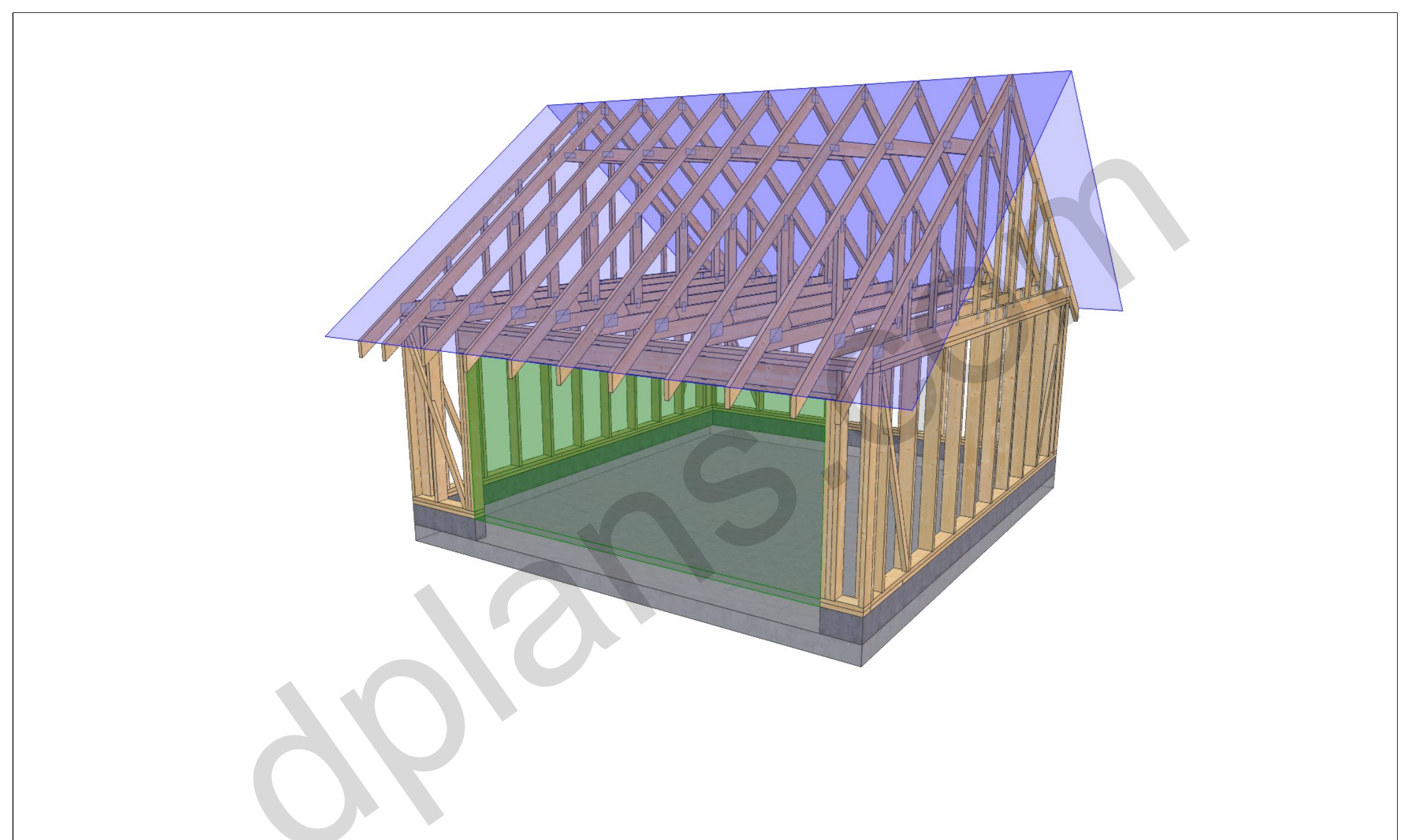 18x20 garage plans, 3D framing view of the stud walls, bracing and roof trusses over the slab