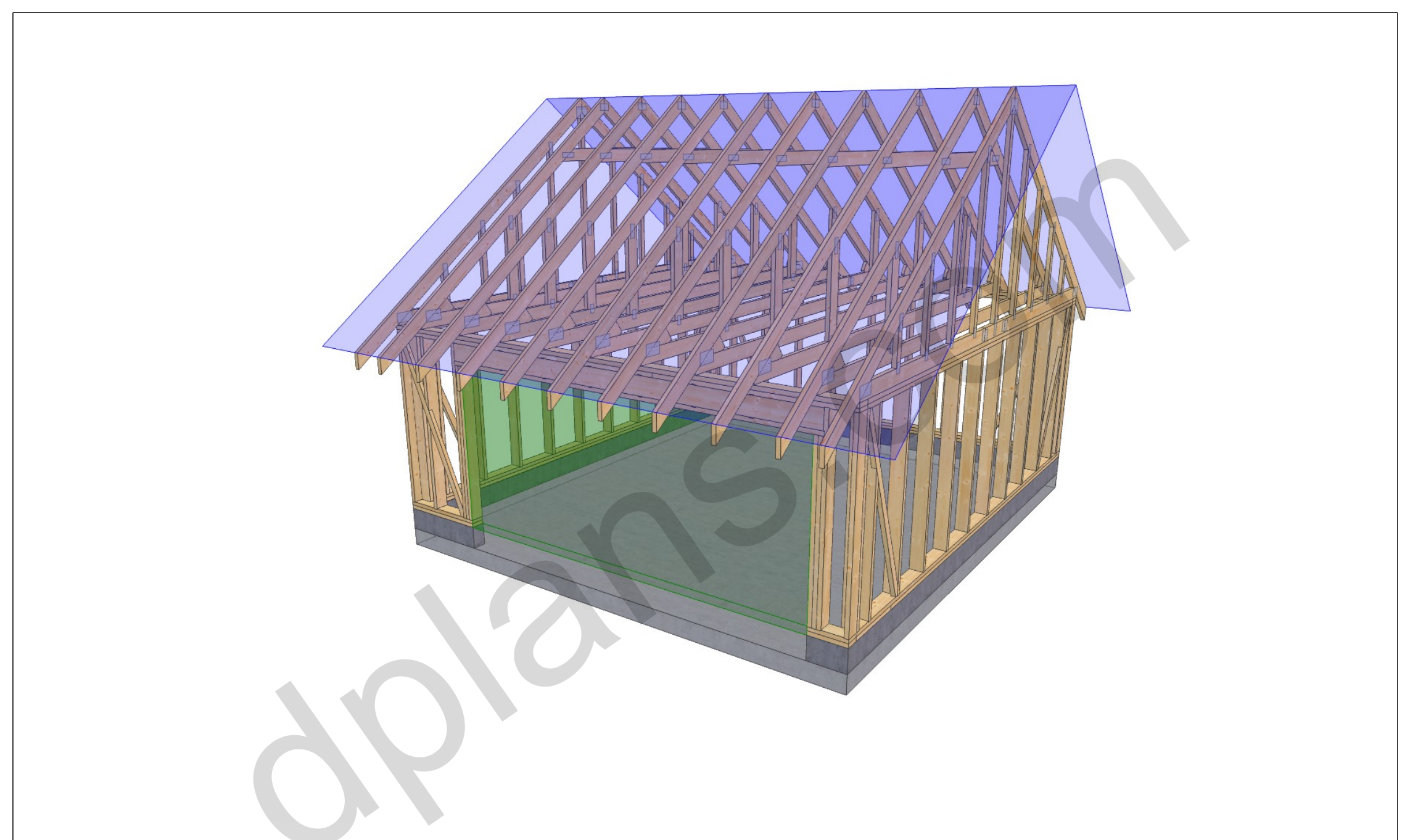 18x20 garage plans, 3D model of the timber frame garage with roof trusses on a concrete slab