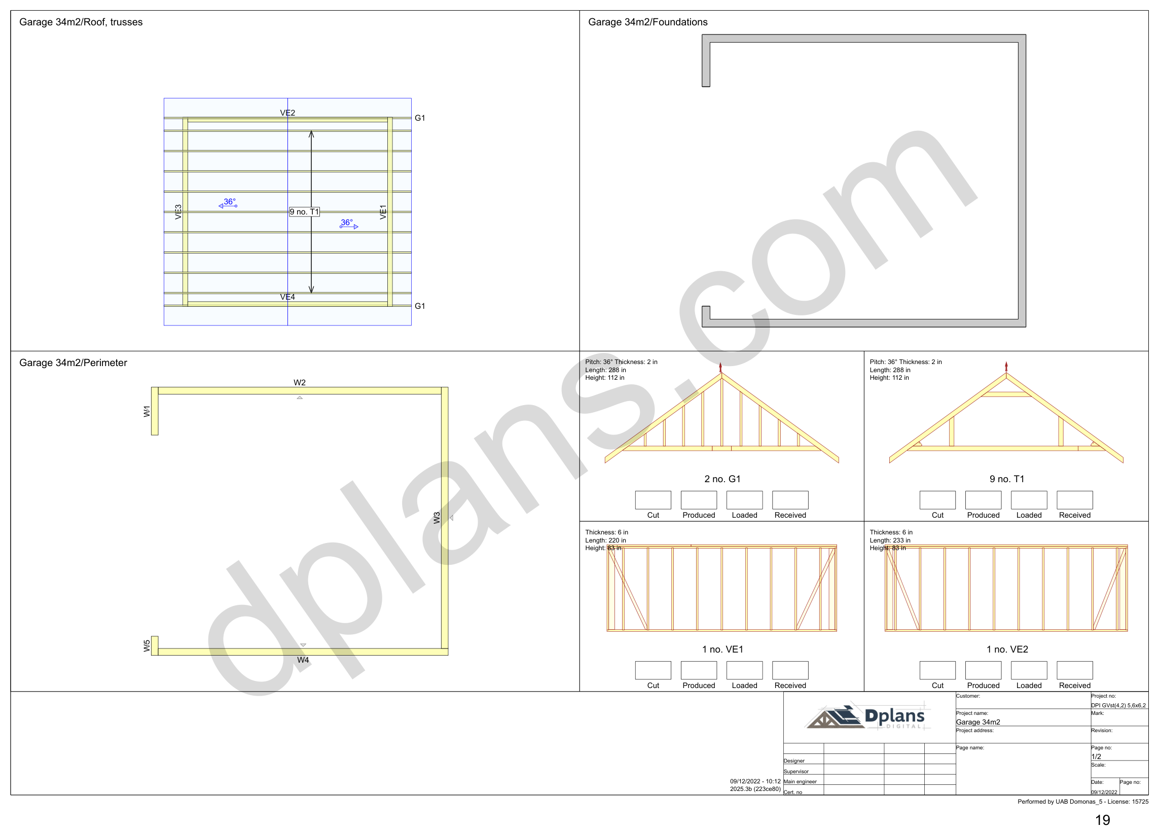Byggetegning garage 5,6 x 6,2 m, oversigtsark med spærplan, fundament, omkreds og vægelementer (imperial, tommer)