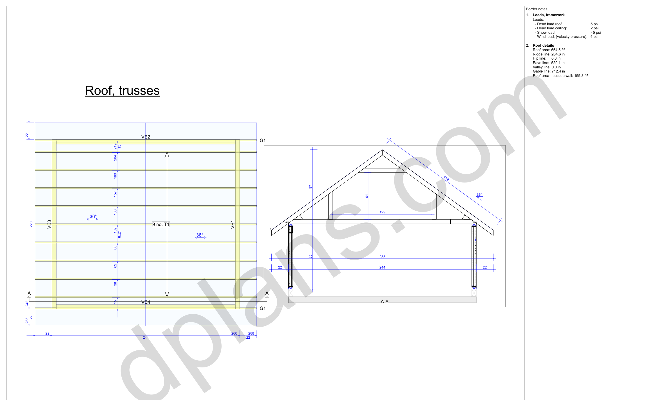 Byggetegning garage 5,6 x 6,2 m, spærplan og tværsnit med væg- og kiphøjder (imperial, tommer)