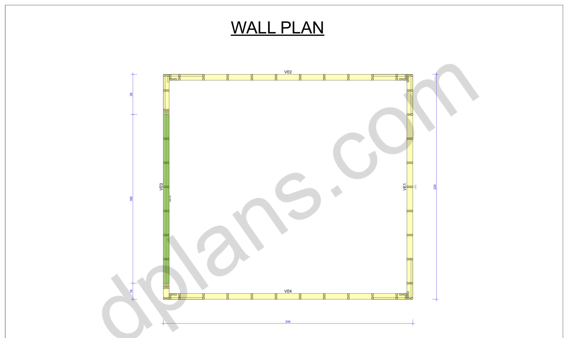 Byggetegning garage 5,6 x 6,2 m, vægplan med de fire vægelementer og portåbningen (imperial, tommer)