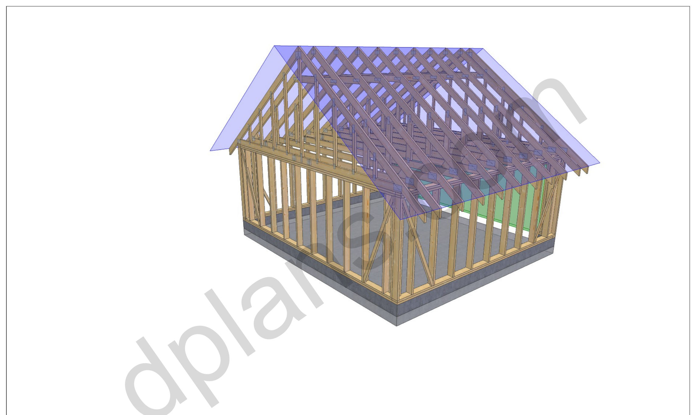18x20 garage plans, 3D view of the timber frame with the garage door opening and roof trusses