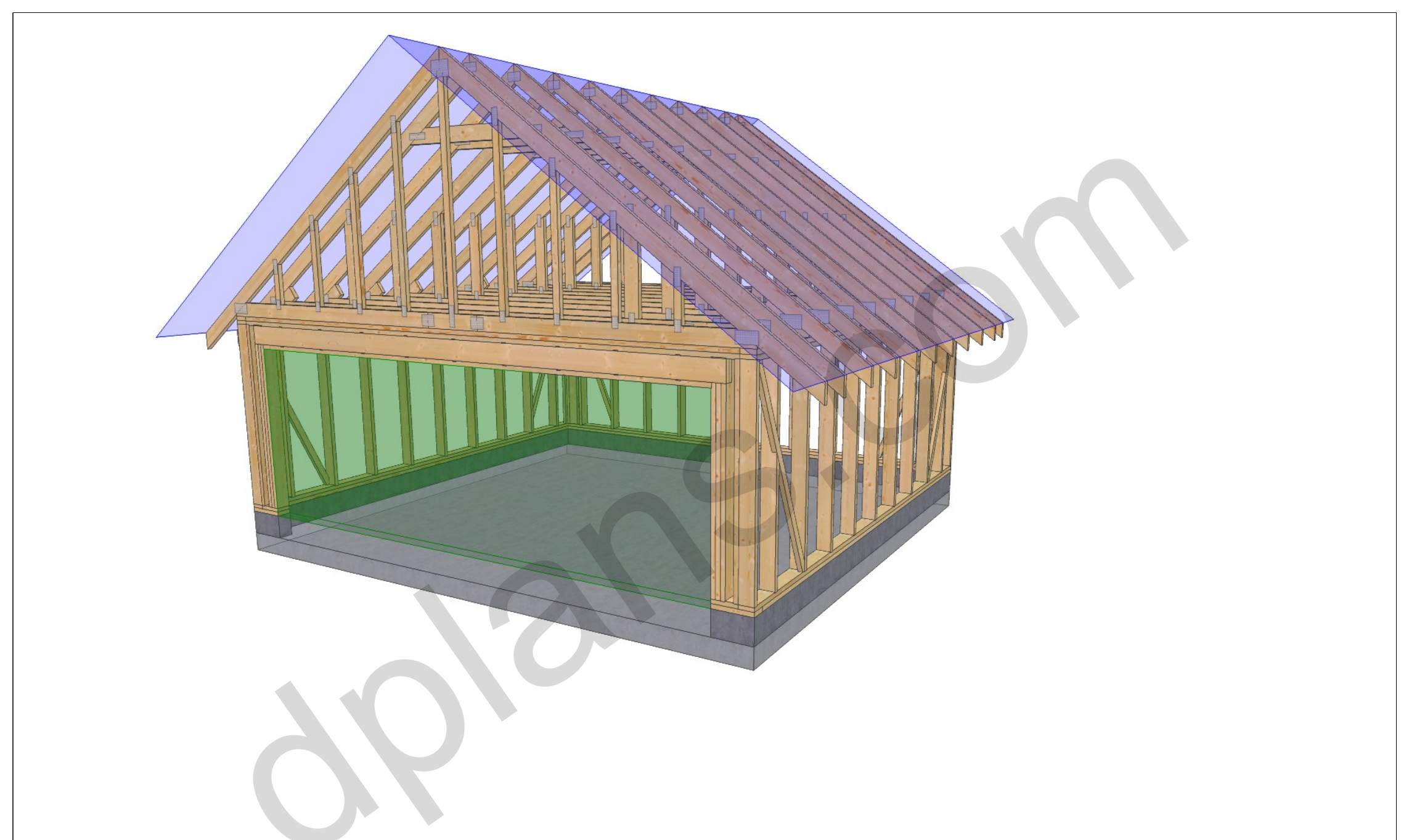18x20 garage plans, 3D framing view of the stud walls, bracing and roof trusses over the slab