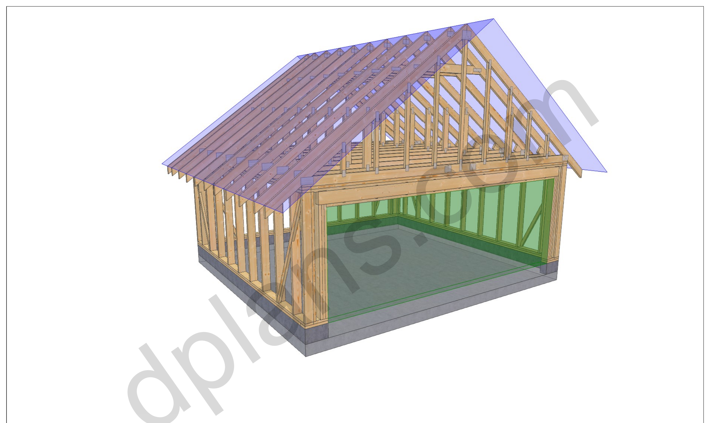 18x20 garage plans, 3D model of the timber frame garage with roof trusses on a concrete slab
