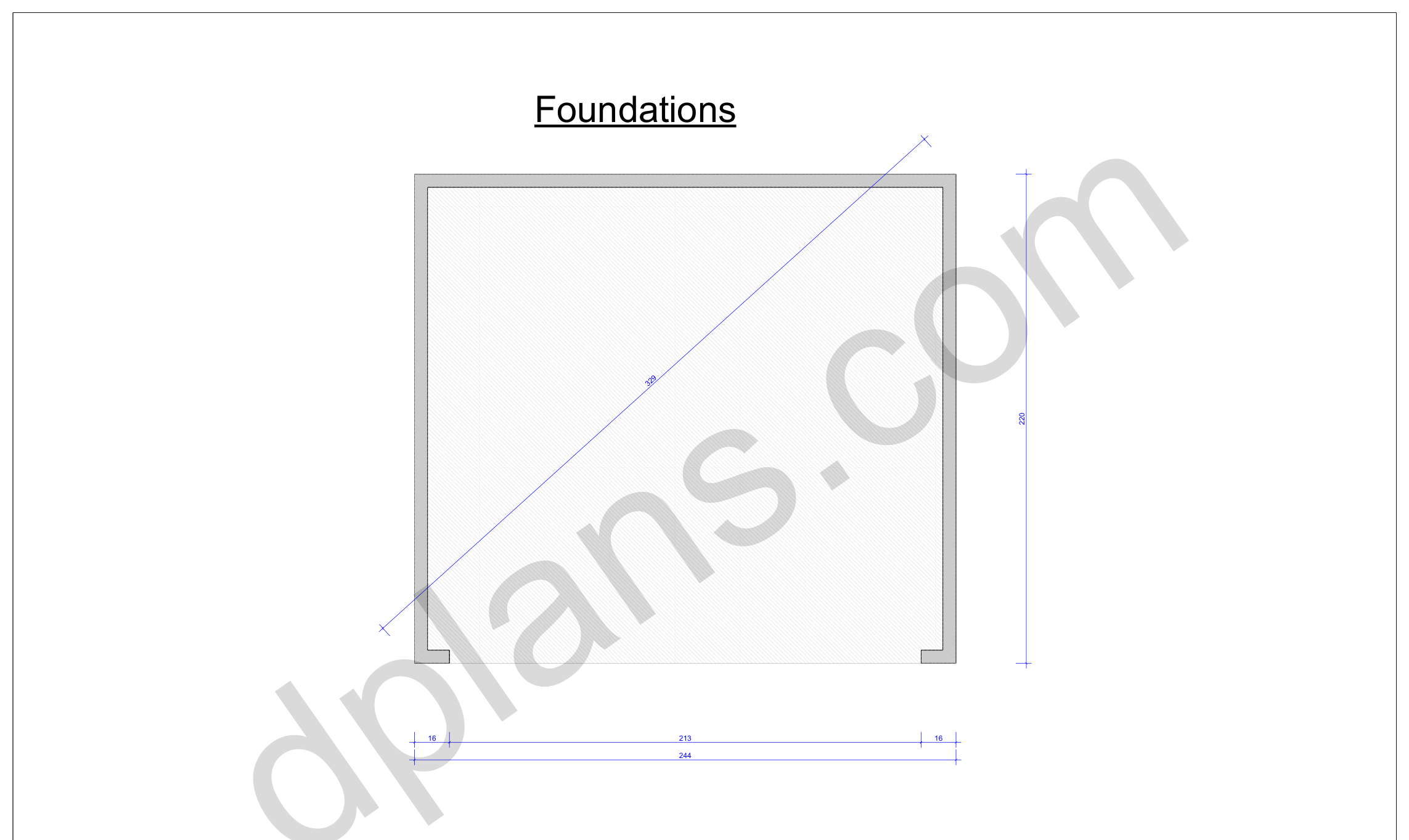 18x20 garage plans, foundation plan with the concrete slab outline and diagonal check (imperial, inches)