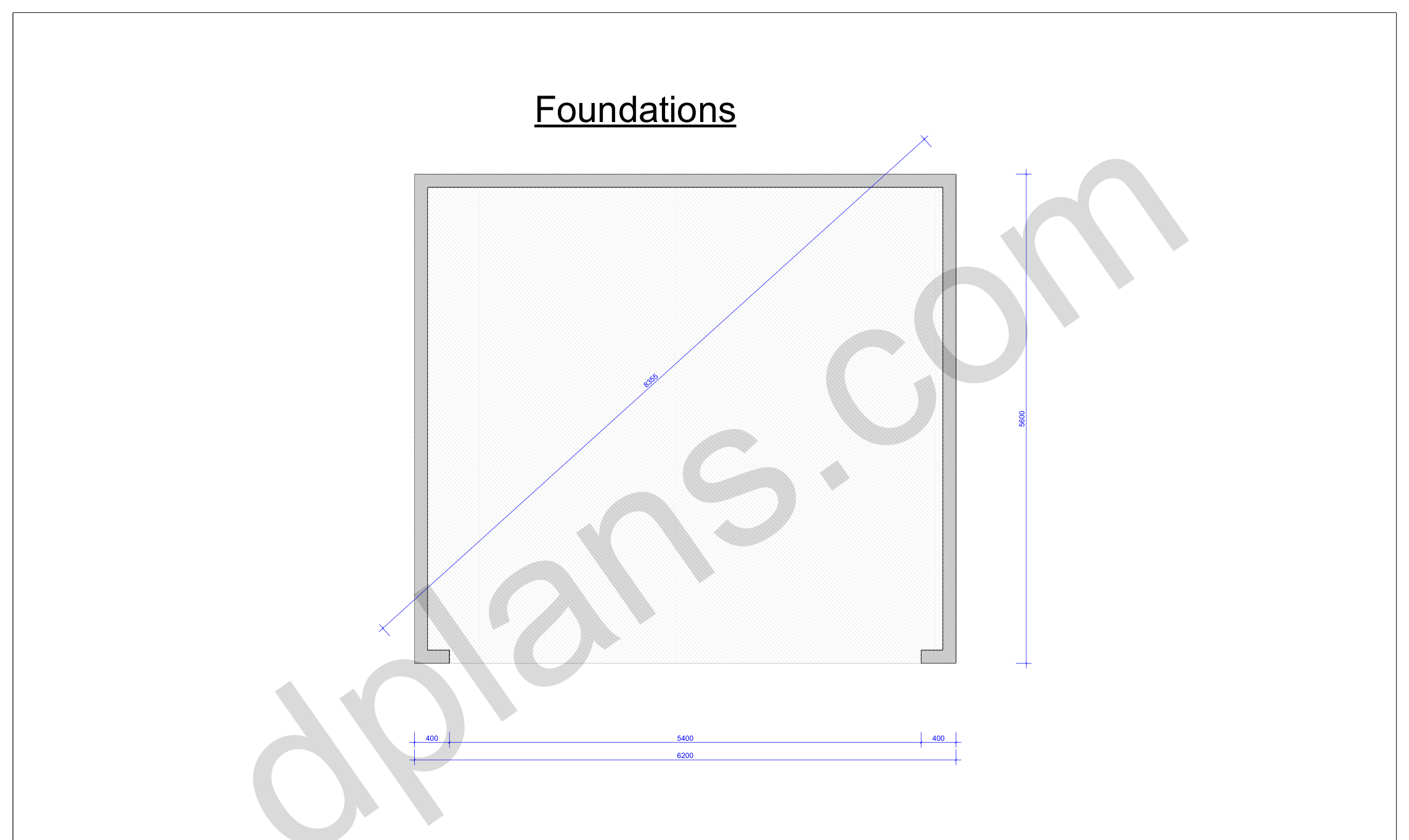 18x20 garage plans, foundation plan with the concrete slab outline and diagonal check (metric, mm)