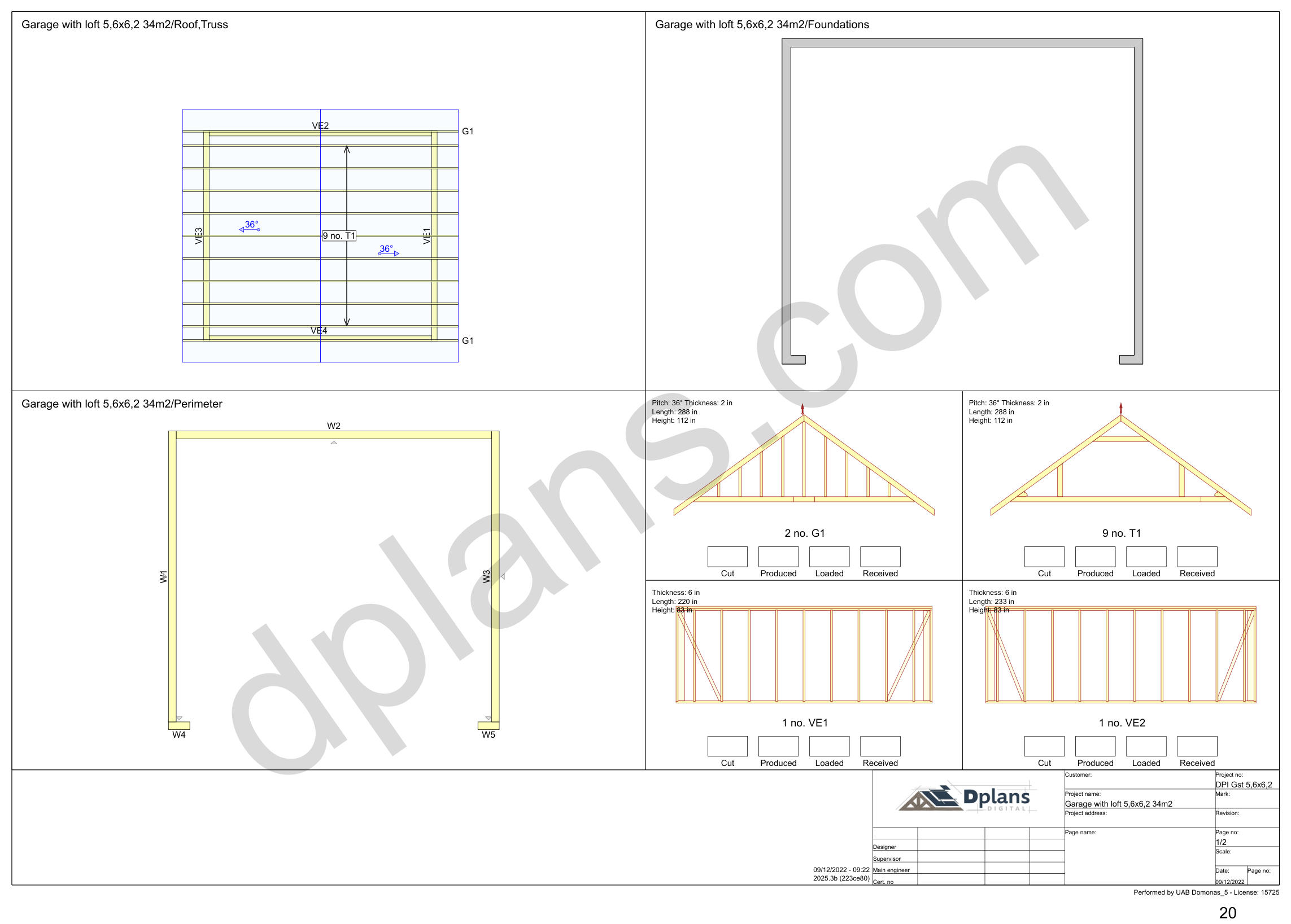 18x20 garage plans, overview sheet with the truss plan, foundation, perimeter and wall panels (imperial, inches)
