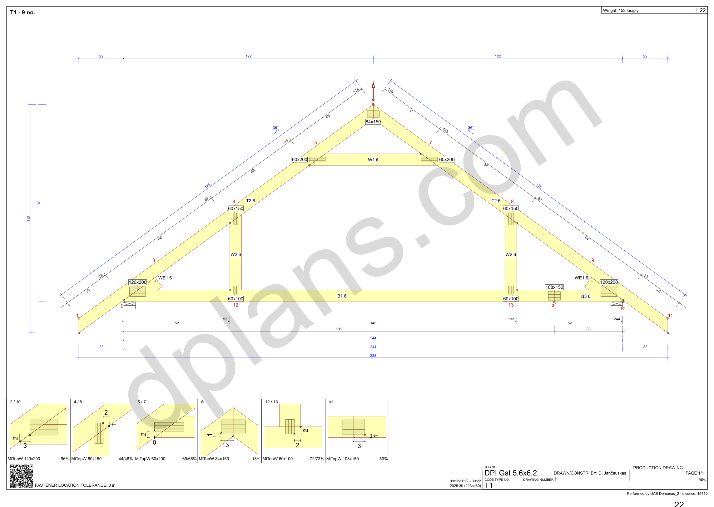 18x20 garage plans, roof truss drawing with chord and web sizes and the cutting list (imperial, inches)
