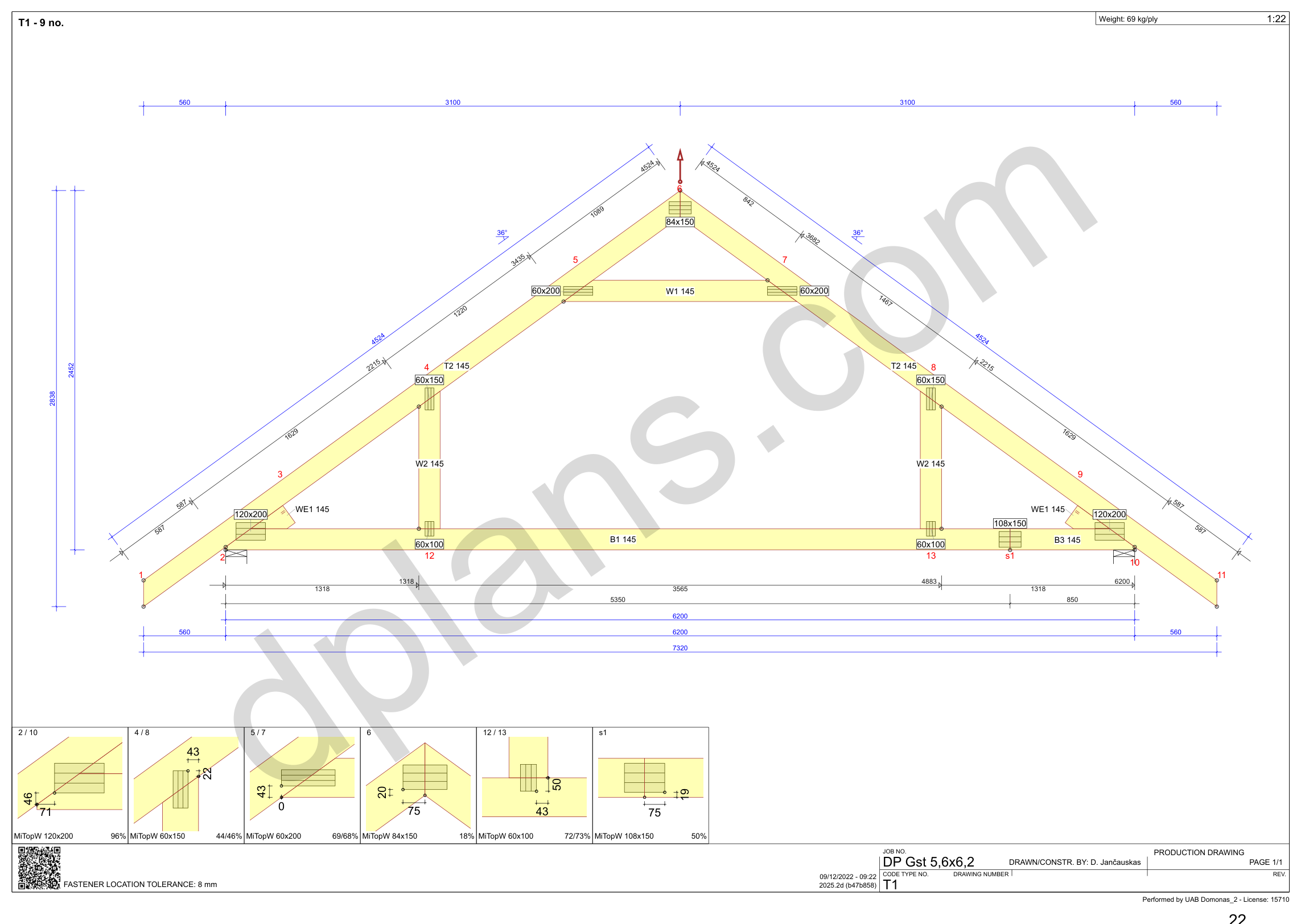 18x20 garage plans, roof truss drawing with chord and web sizes and the cutting list (metric, mm)
