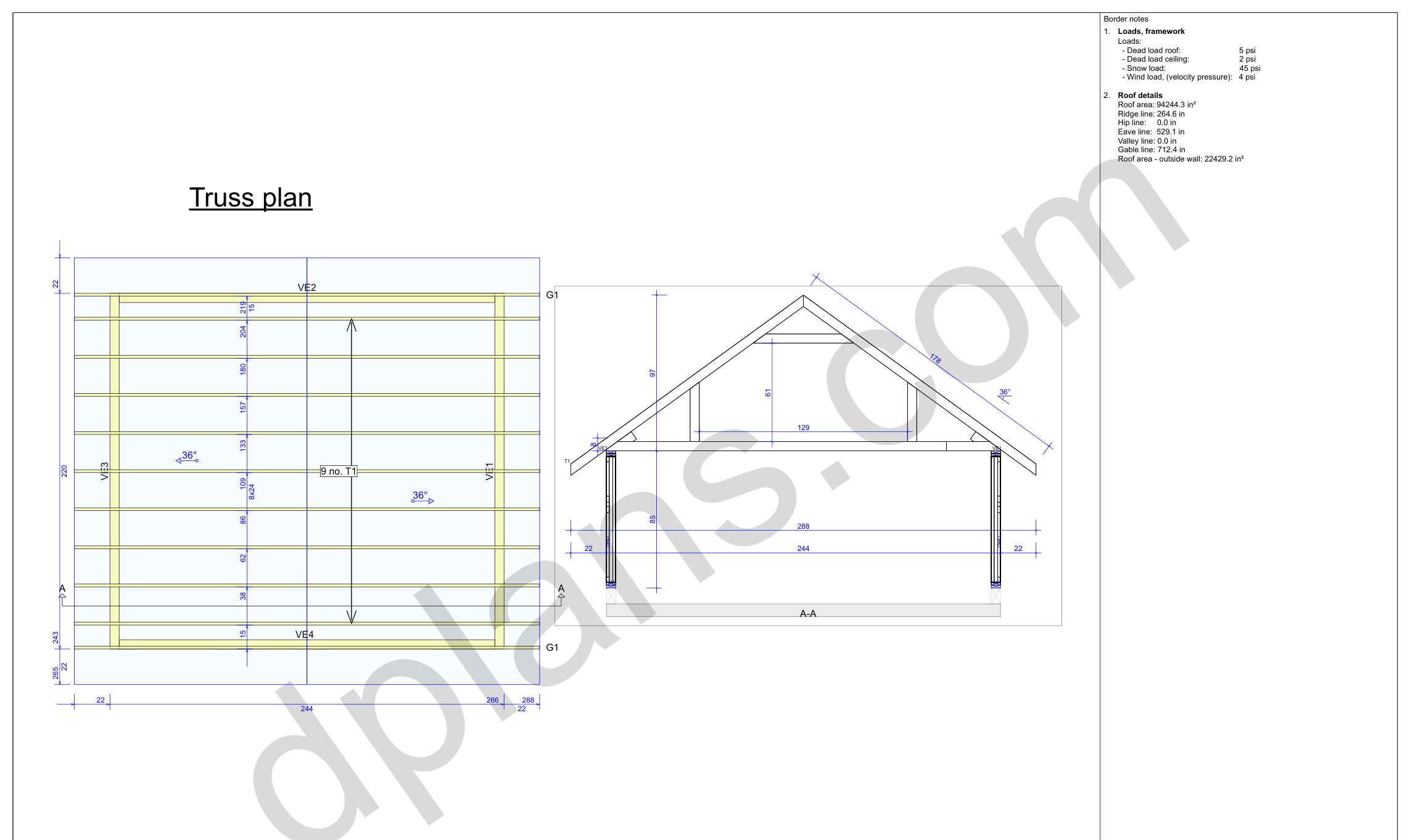 18x20 garage plans, roof truss layout plan and cross section with wall and ridge heights (imperial, inches)