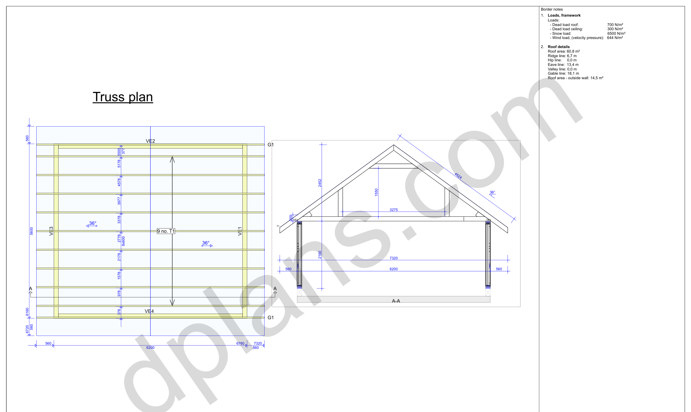 18x20 garage plans, roof truss layout plan and cross section with wall and ridge heights (metric, mm)