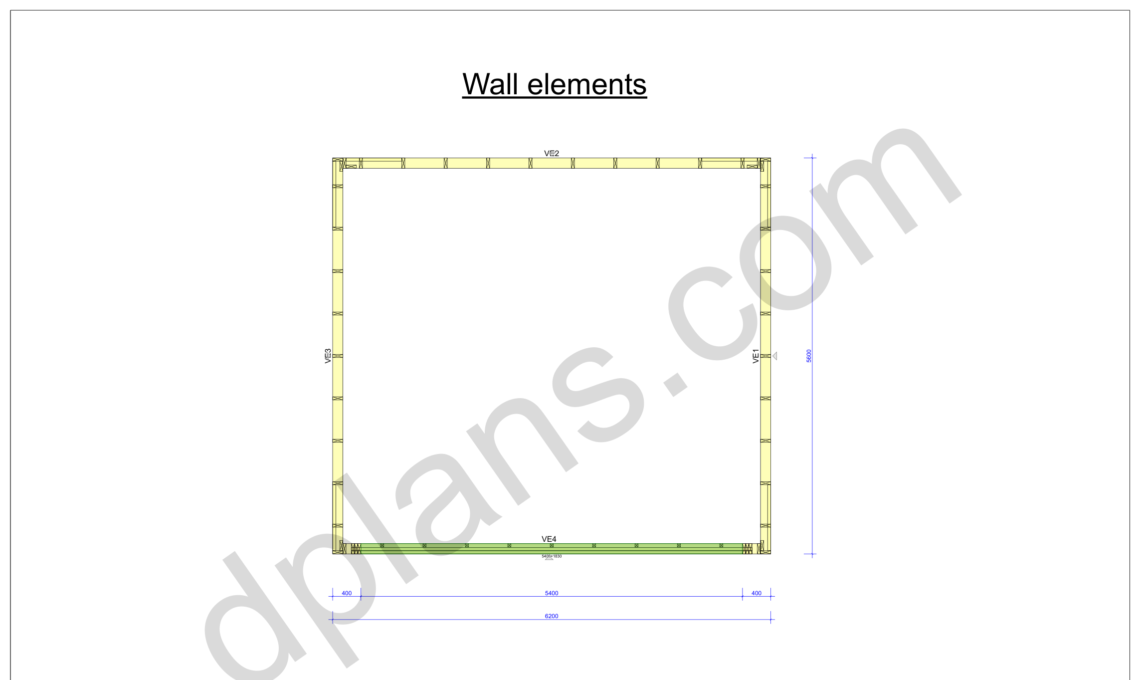 18x20 garage plans, wall layout plan with the four wall panels and the door opening (metric, mm)