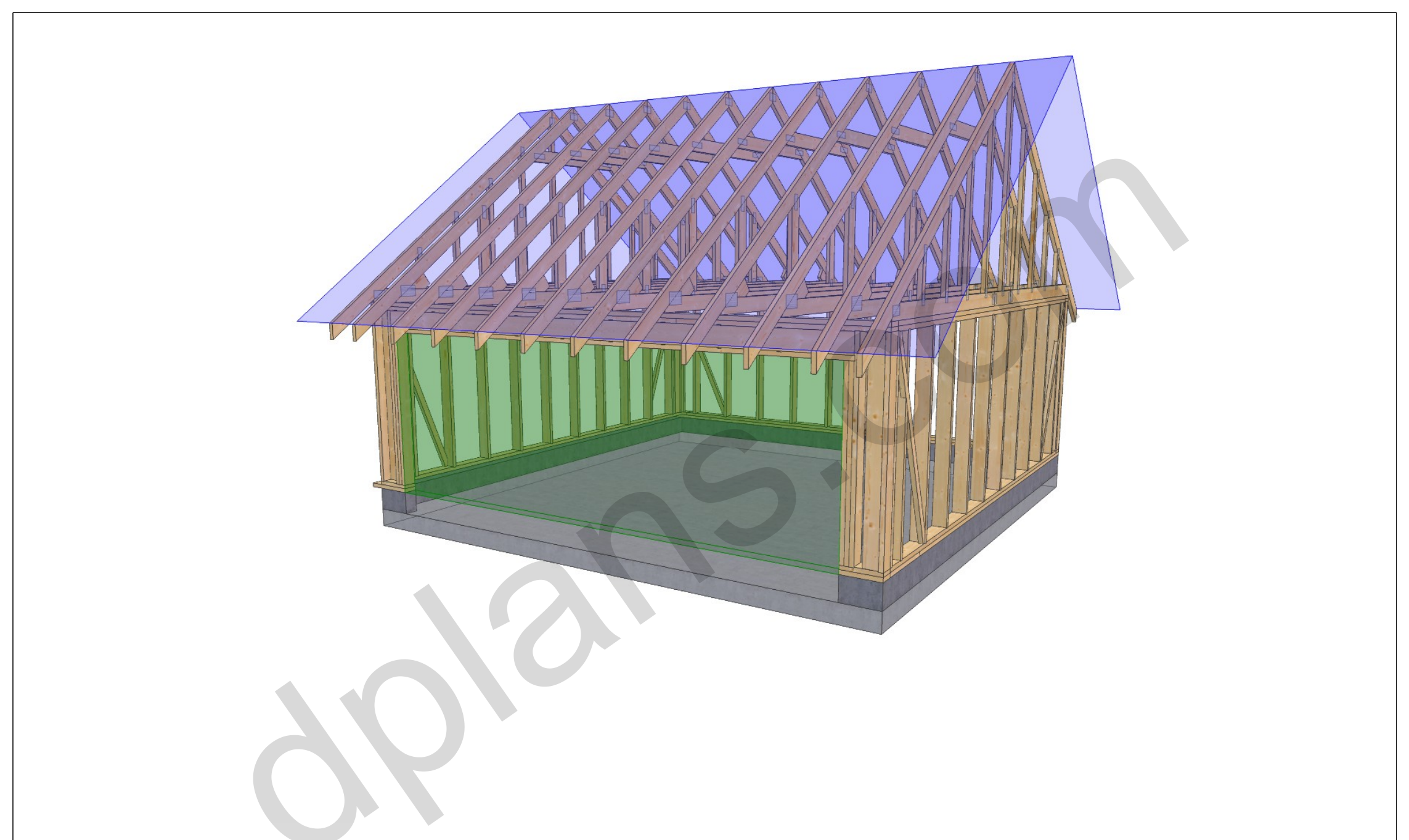 20x20 garage plans, 3D framing view of the stud walls, bracing and roof trusses over the slab