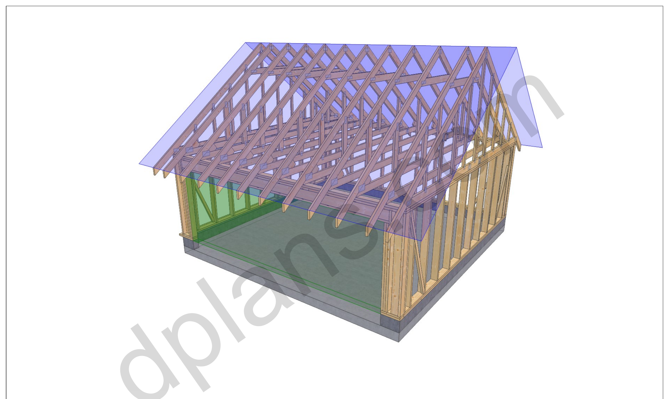 20x20 garage plans, 3D model of the timber frame garage with roof trusses on a concrete slab