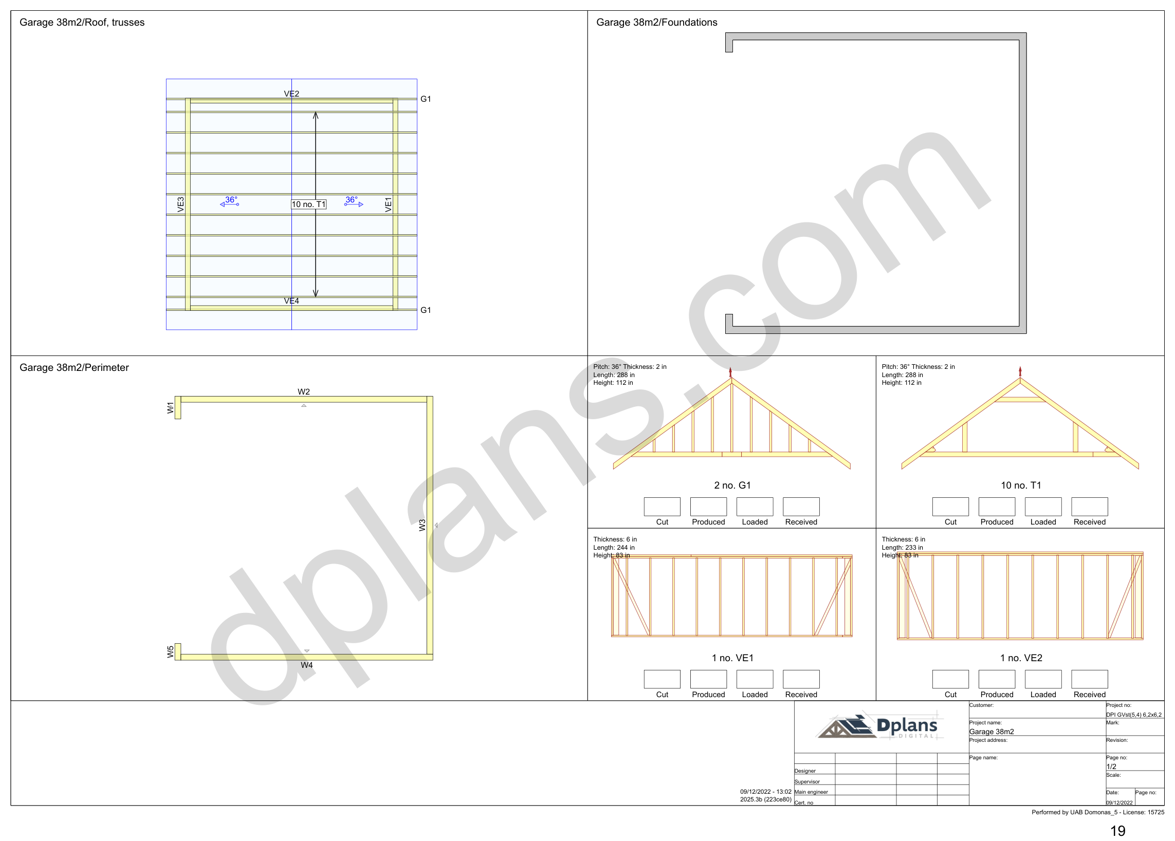 Byggetegning garage 6,2 x 6,2 m, oversigtsark med spærplan, fundament, omkreds og vægelementer (imperial, tommer)