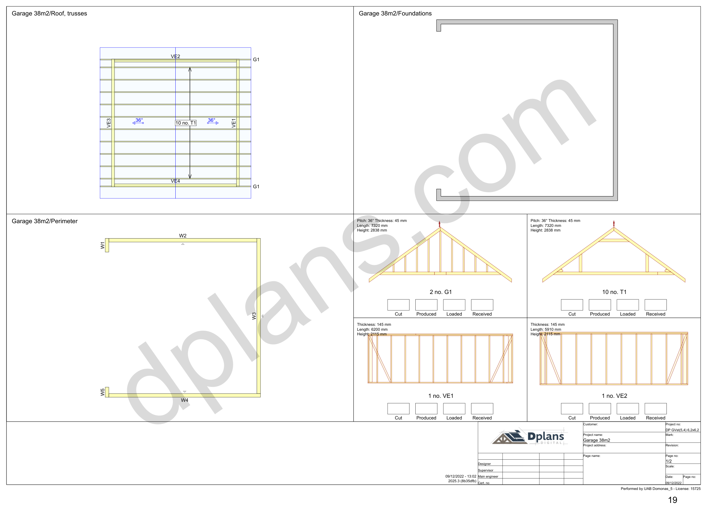 Byggetegning garage 6,2 x 6,2 m, oversigtsark med spærplan, fundament, omkreds og vægelementer (metrisk, mm)