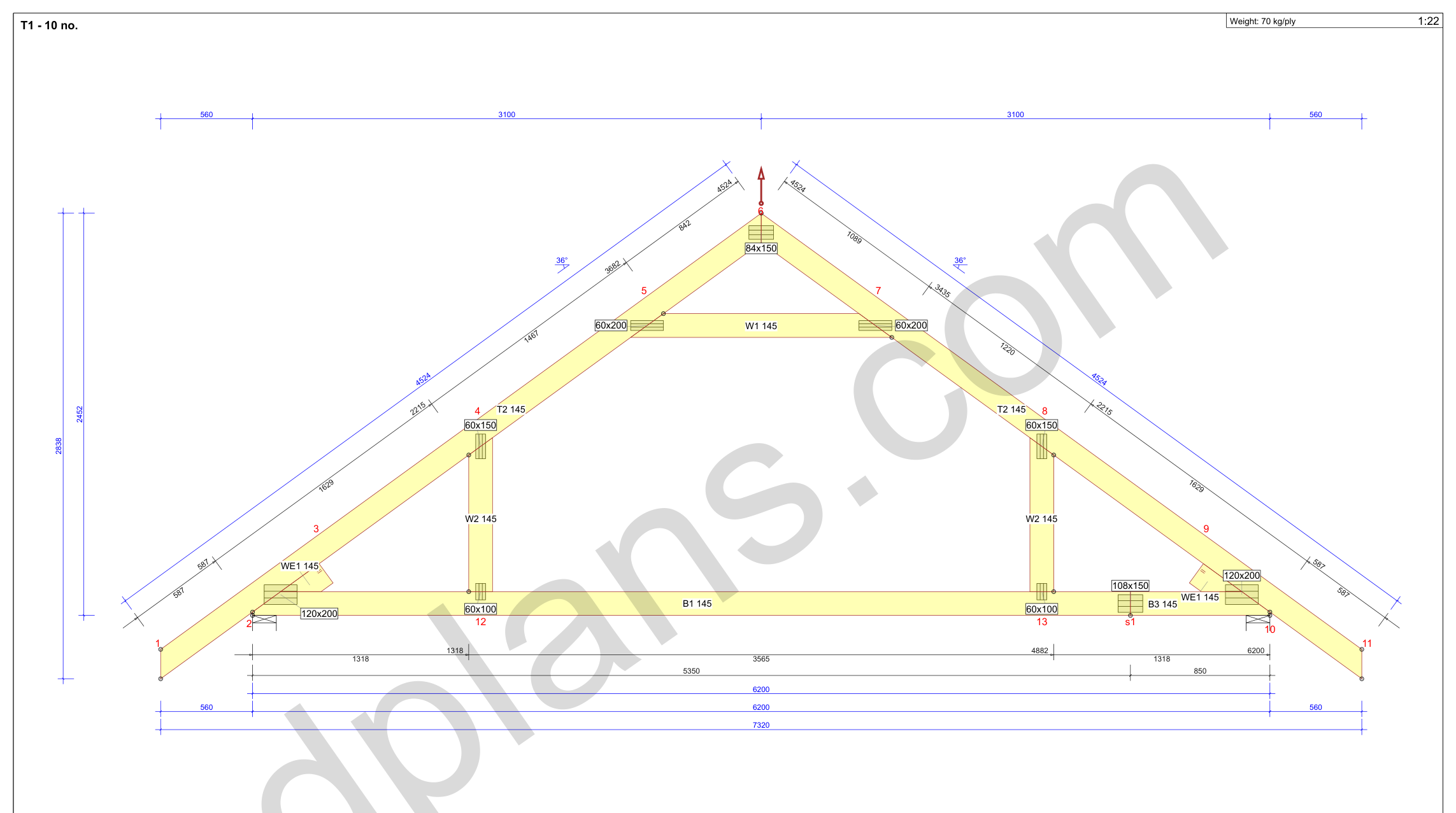 Byggetegning garage 6,2 x 6,2 m, spærtegning med dimensioner på gurter og diagonaler samt skæreliste (metrisk, mm)
