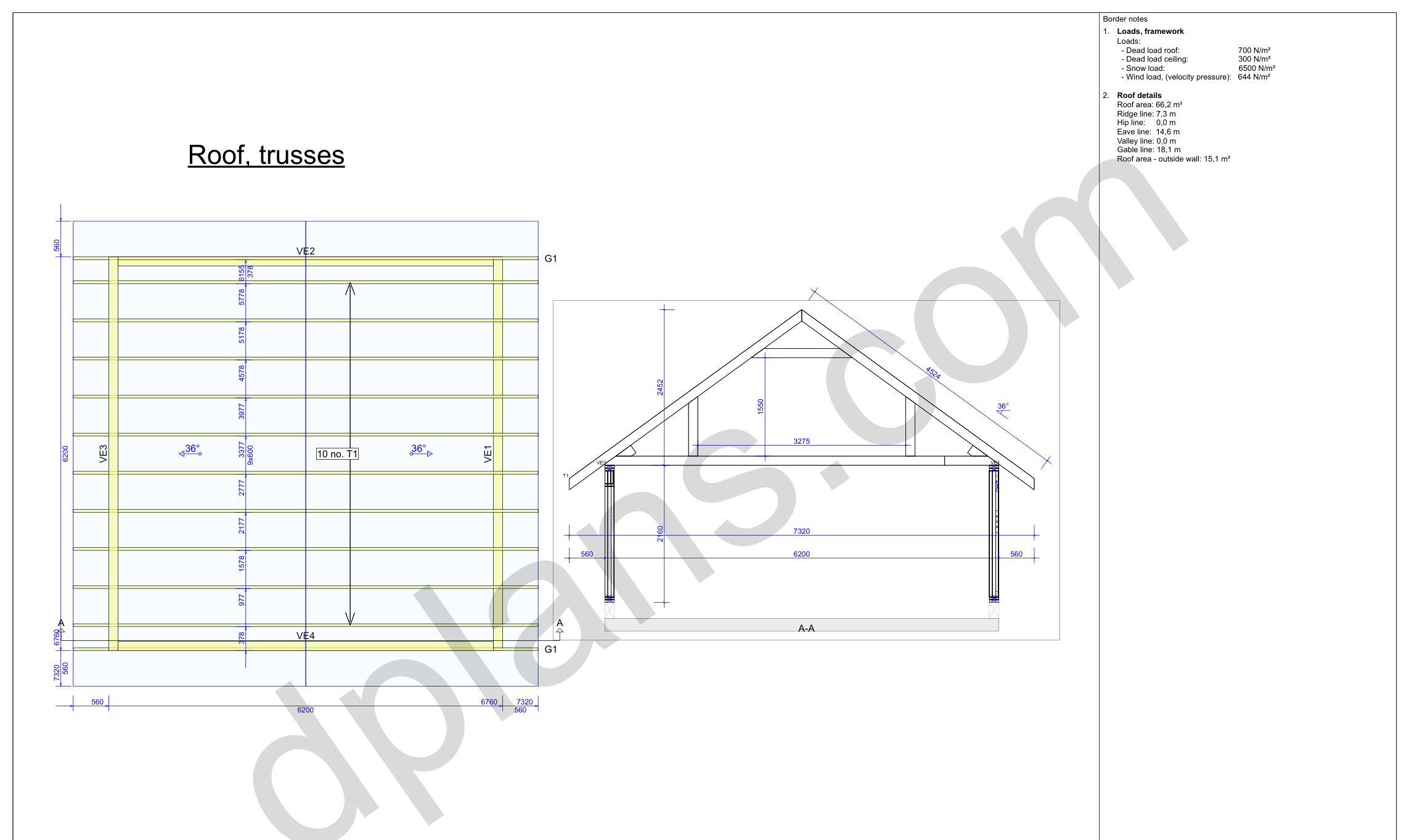 Byggetegning garage 6,2 x 6,2 m, spærplan og tværsnit med væg- og kiphøjder (metrisk, mm)
