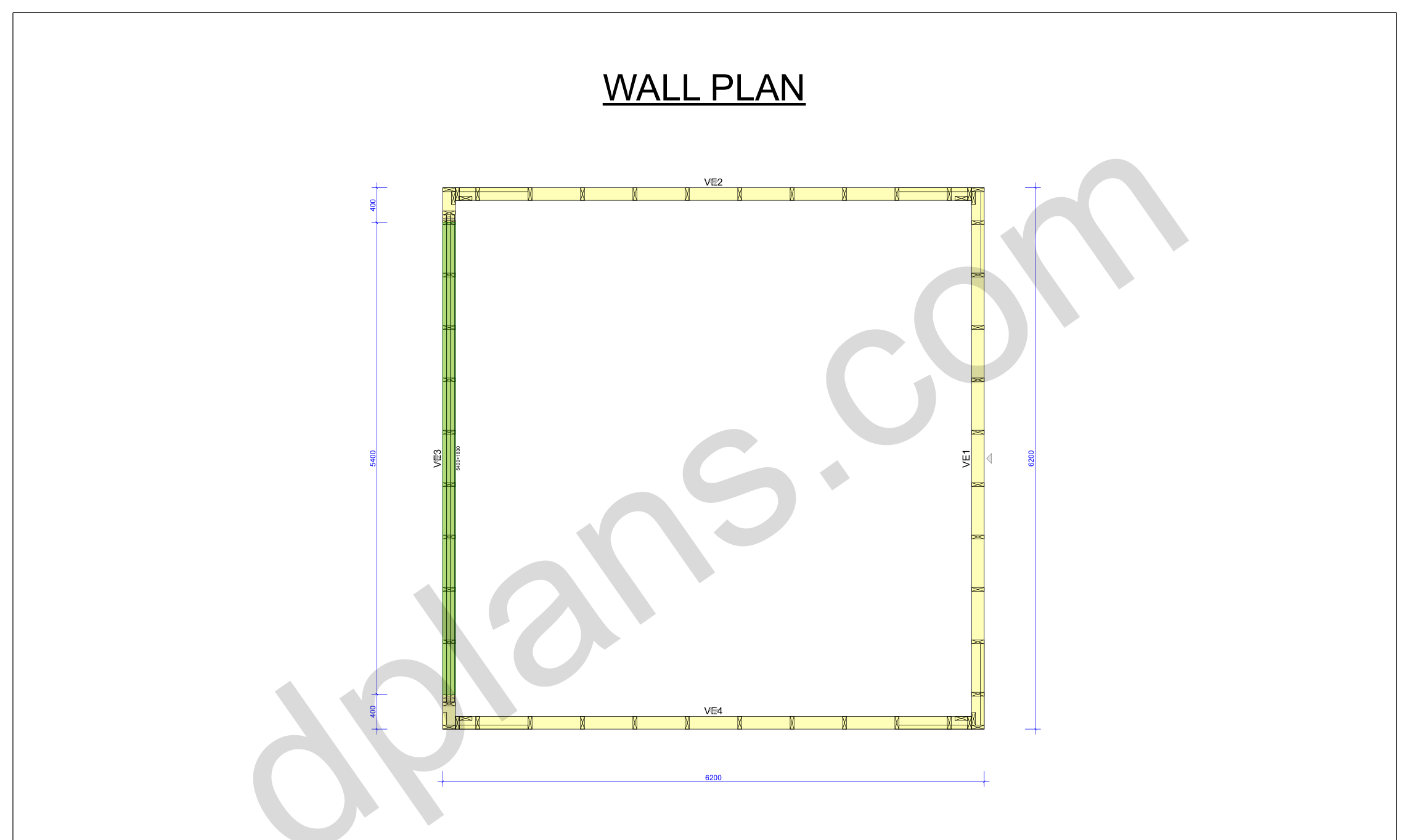 Byggetegning garage 6,2 x 6,2 m, vægplan med de fire vægelementer og portåbningen (metrisk, mm)