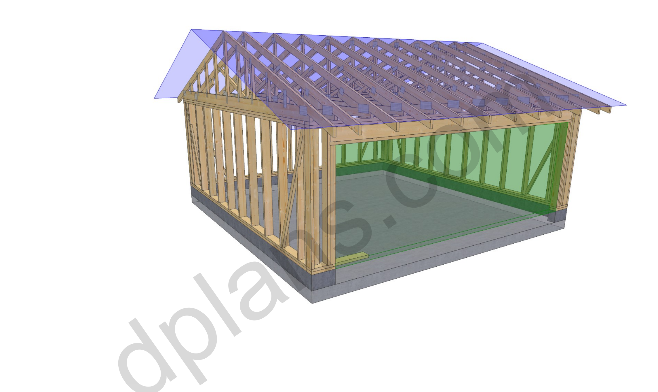 20x20 garage plans, 3D view of the timber frame with the garage door opening and roof trusses