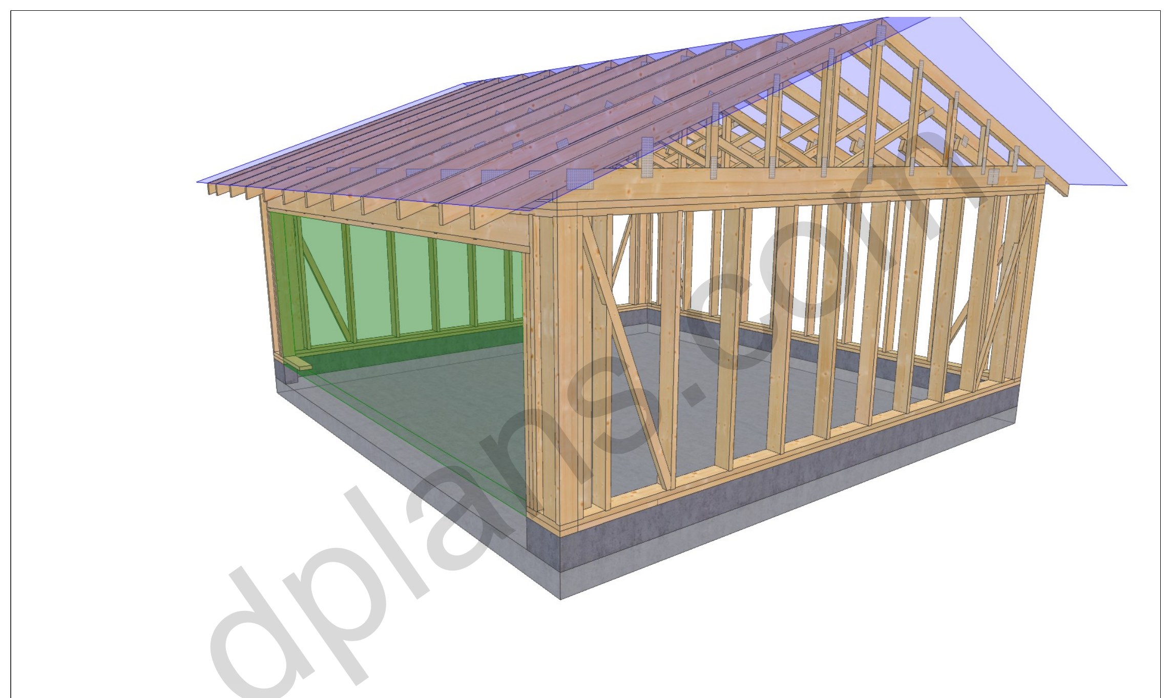 20x20 garage plans, 3D framing view of the stud walls, bracing and roof trusses over the slab