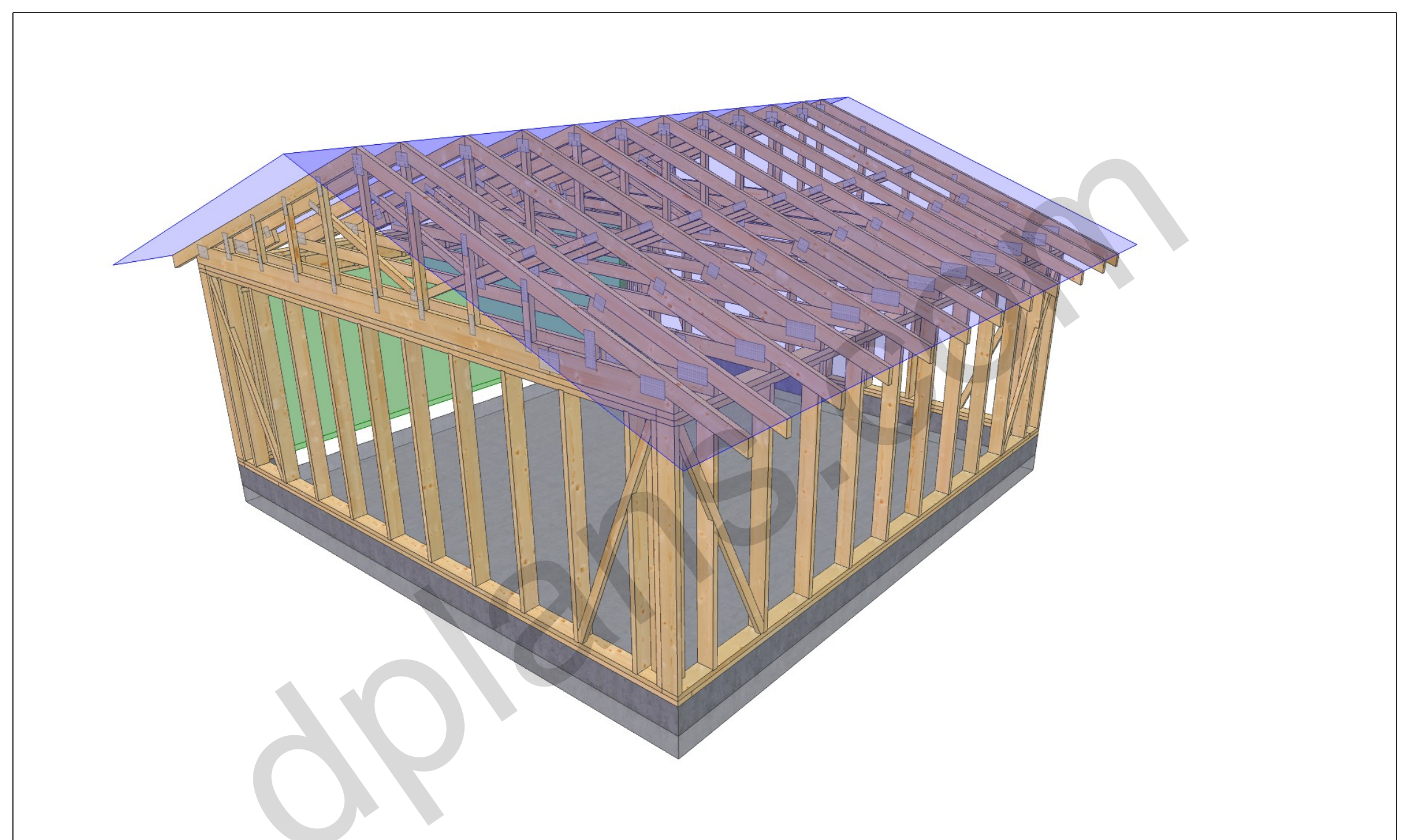 20x20 garage plans, 3D model of the timber frame garage with roof trusses on a concrete slab