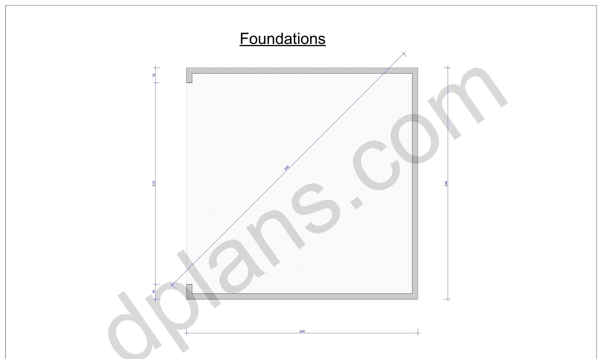 20x20 garage plans, foundation plan with the concrete slab outline and diagonal check (imperial, inches)