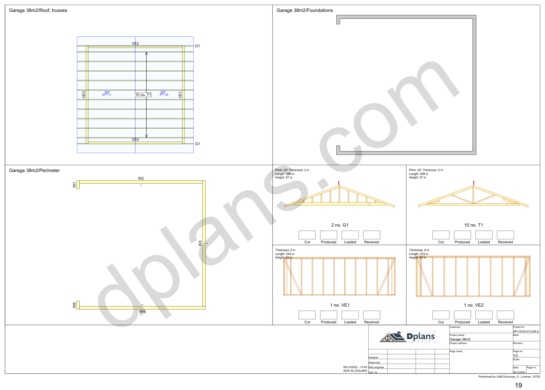 20x20 garage plans, overview sheet with the truss plan, foundation, perimeter and wall panels (imperial, inches)