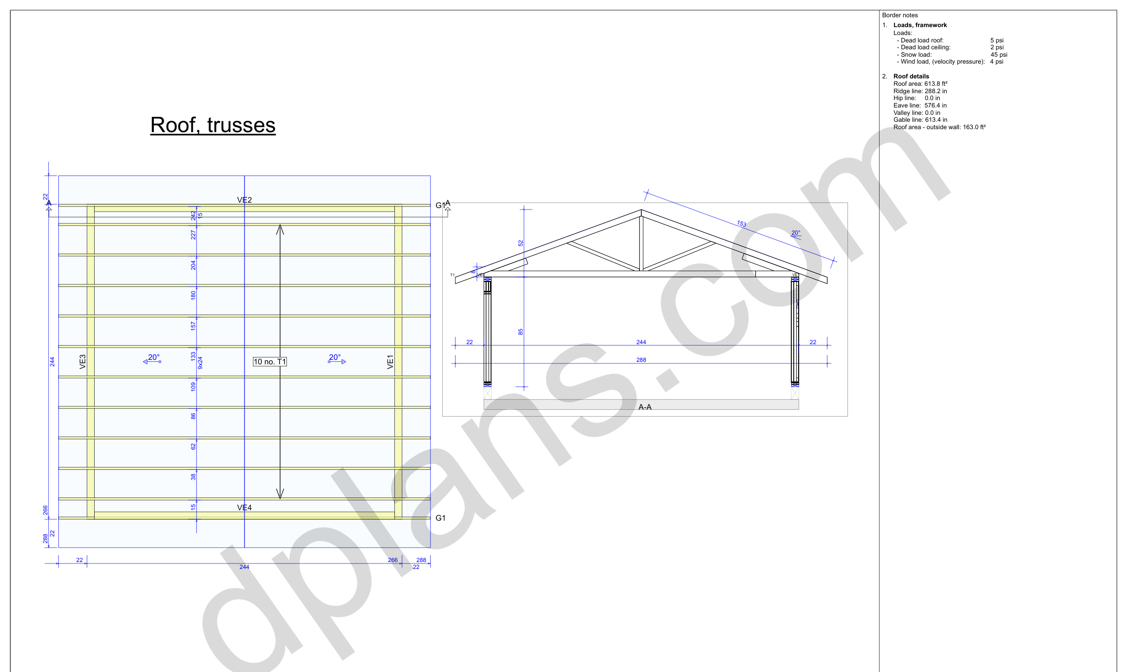 20x20 garage plans, roof truss layout plan and cross section with wall and ridge heights (imperial, inches)