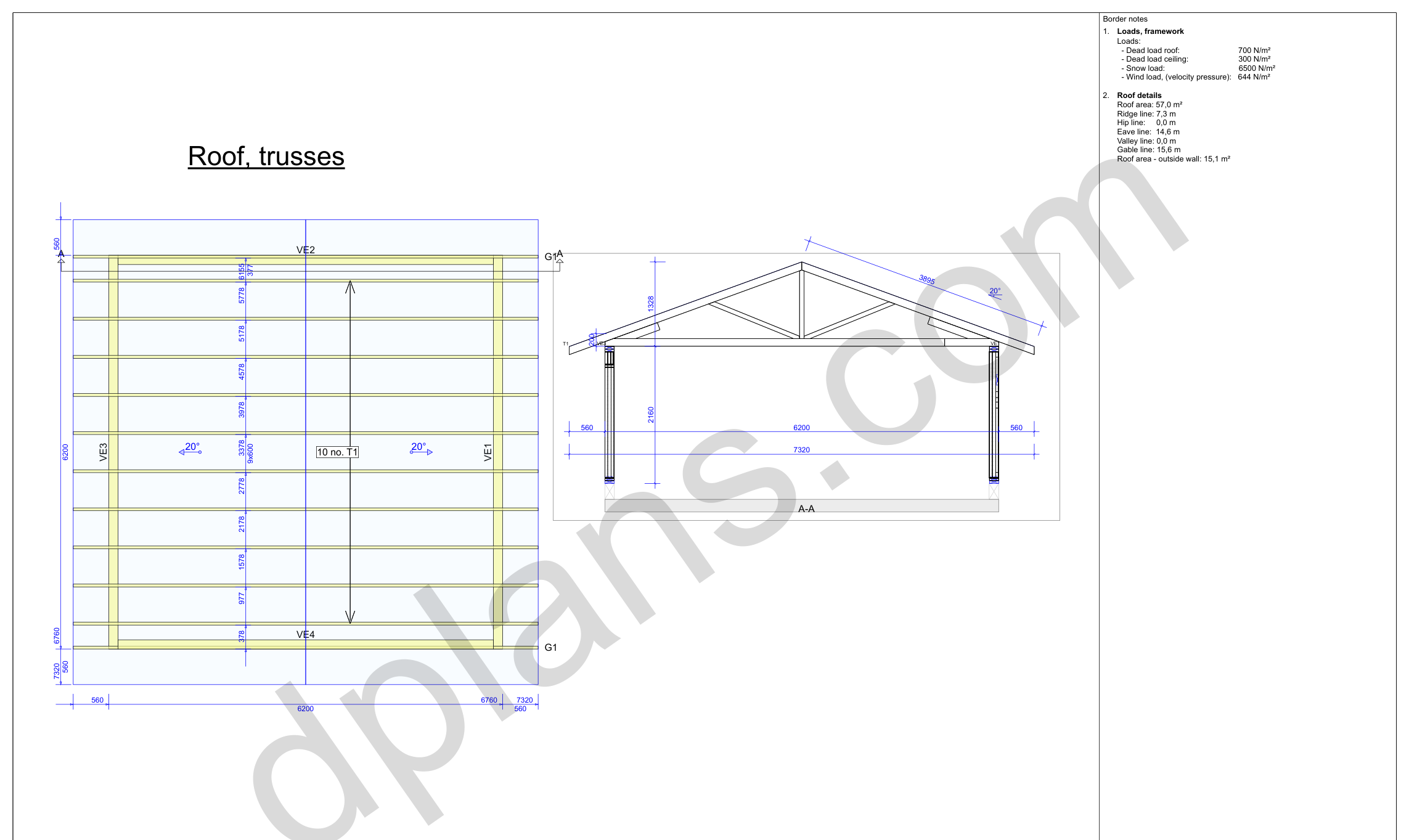 20x20 garage plans, roof truss layout plan and cross section with wall and ridge heights (metric, mm)