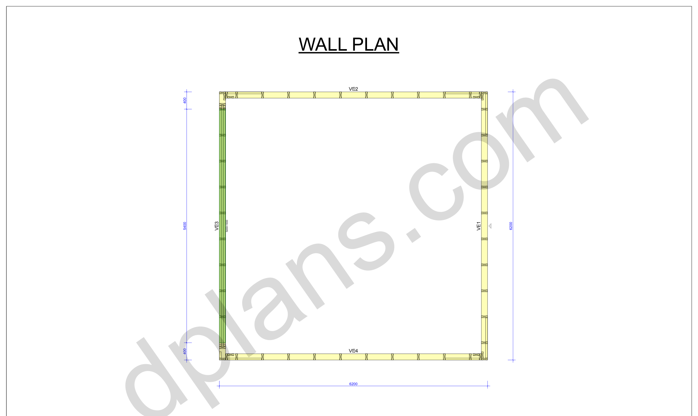 20x20 garage plans, wall layout plan with the four wall panels and the door opening (metric, mm)