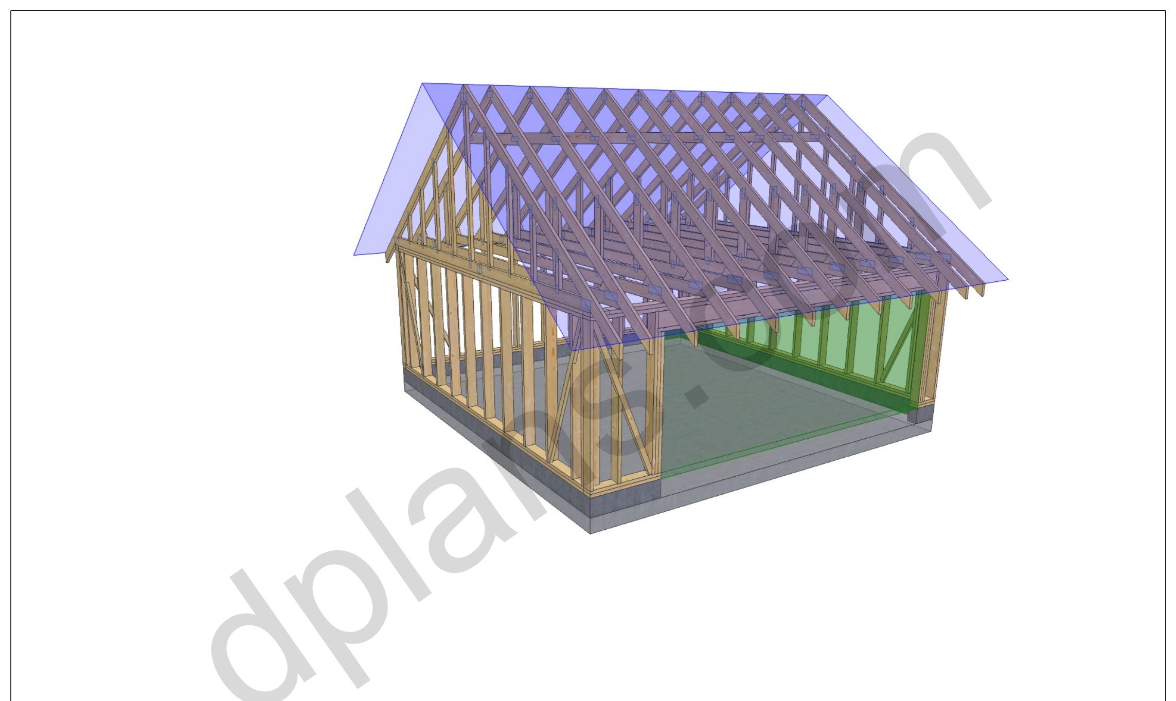 20x20 garage plans, 3D view of the timber frame with the garage door opening and roof trusses