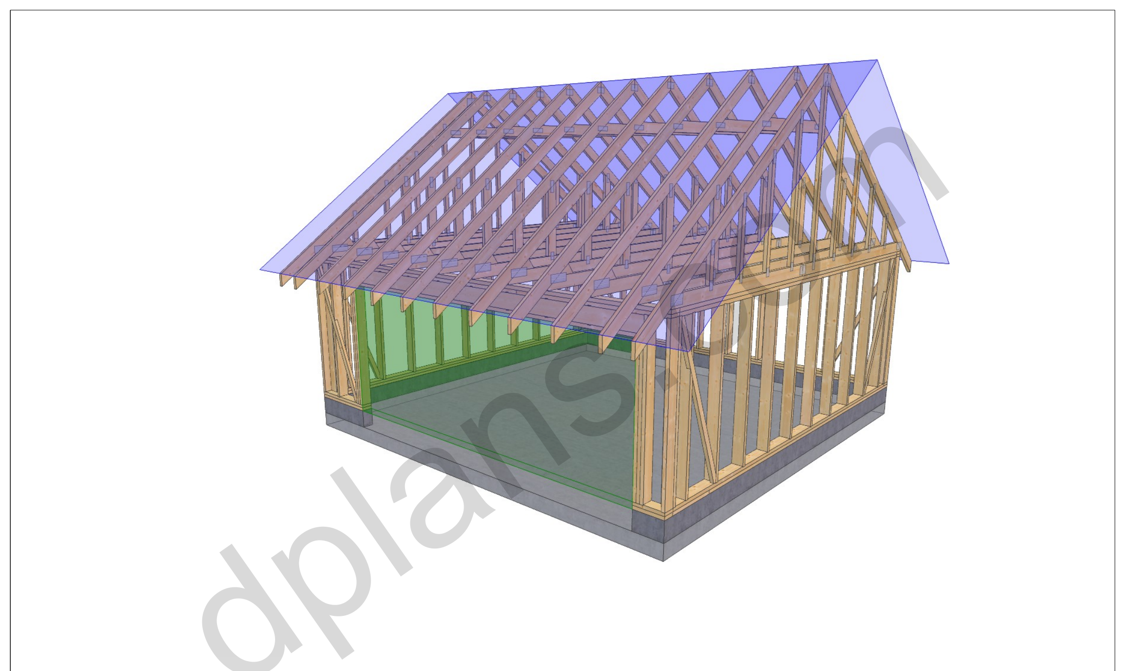 20x20 garage plans, 3D framing view of the stud walls, bracing and roof trusses over the slab