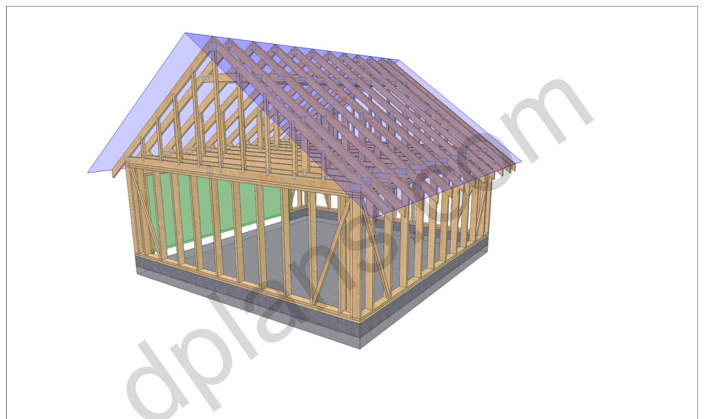 20x20 garage plans, 3D model of the timber frame garage with roof trusses on a concrete slab