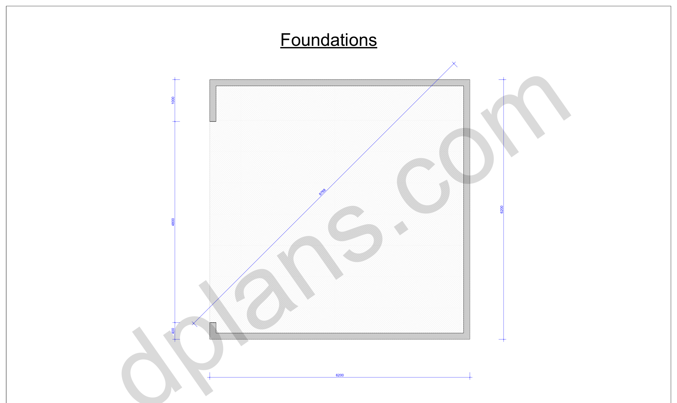 20x20 garage plans, foundation plan with the concrete slab outline and diagonal check (metric, mm)