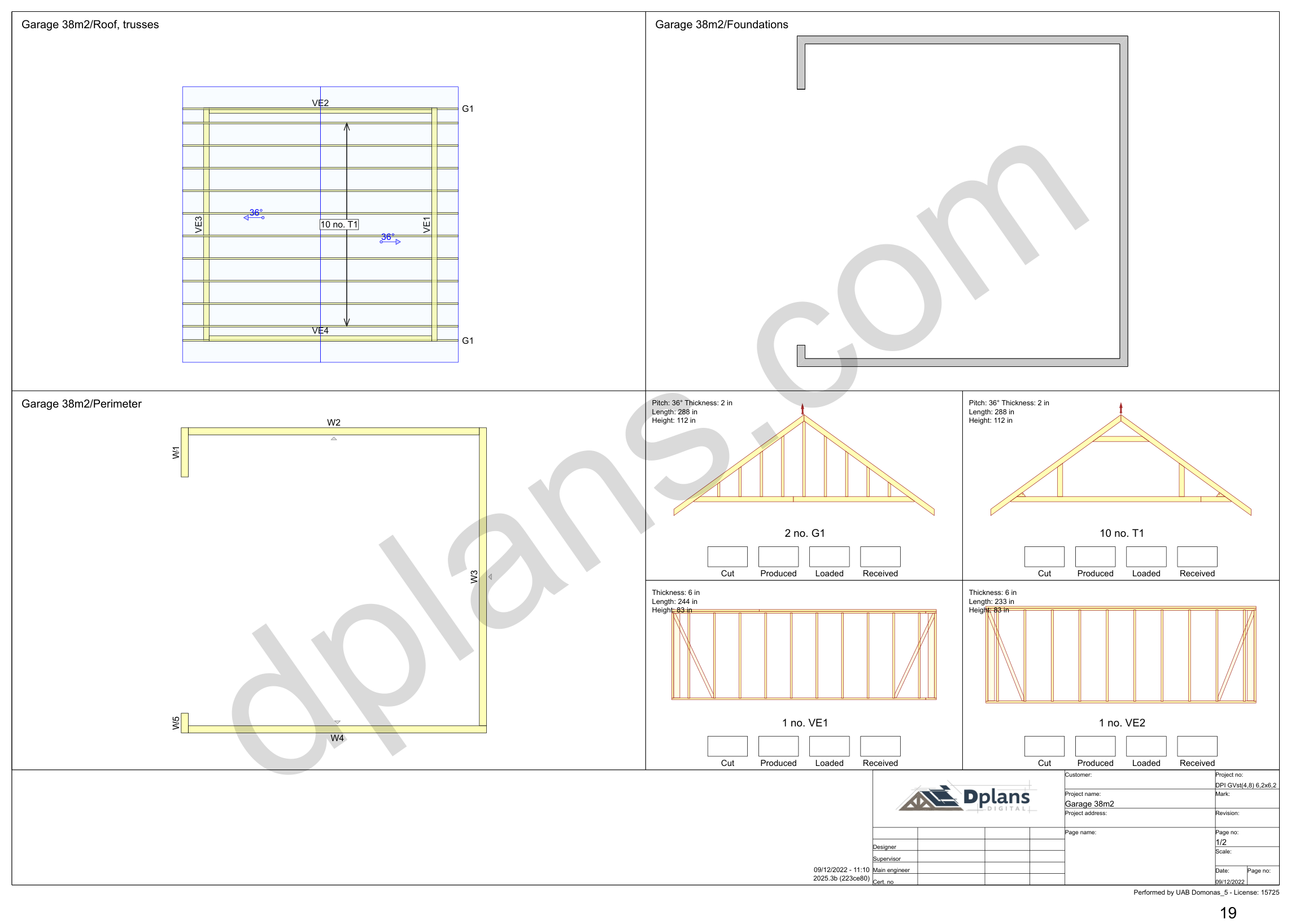20x20 garage plans, overview sheet with the truss plan, foundation, perimeter and wall panels (imperial, inches)