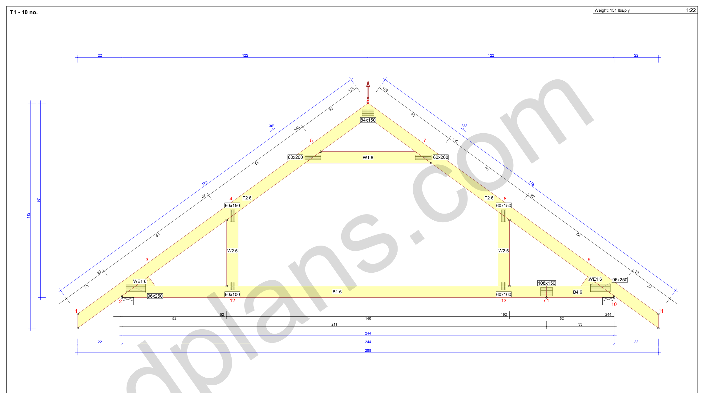 20x20 garage plans, roof truss drawing with chord and web sizes and the cutting list (imperial, inches)