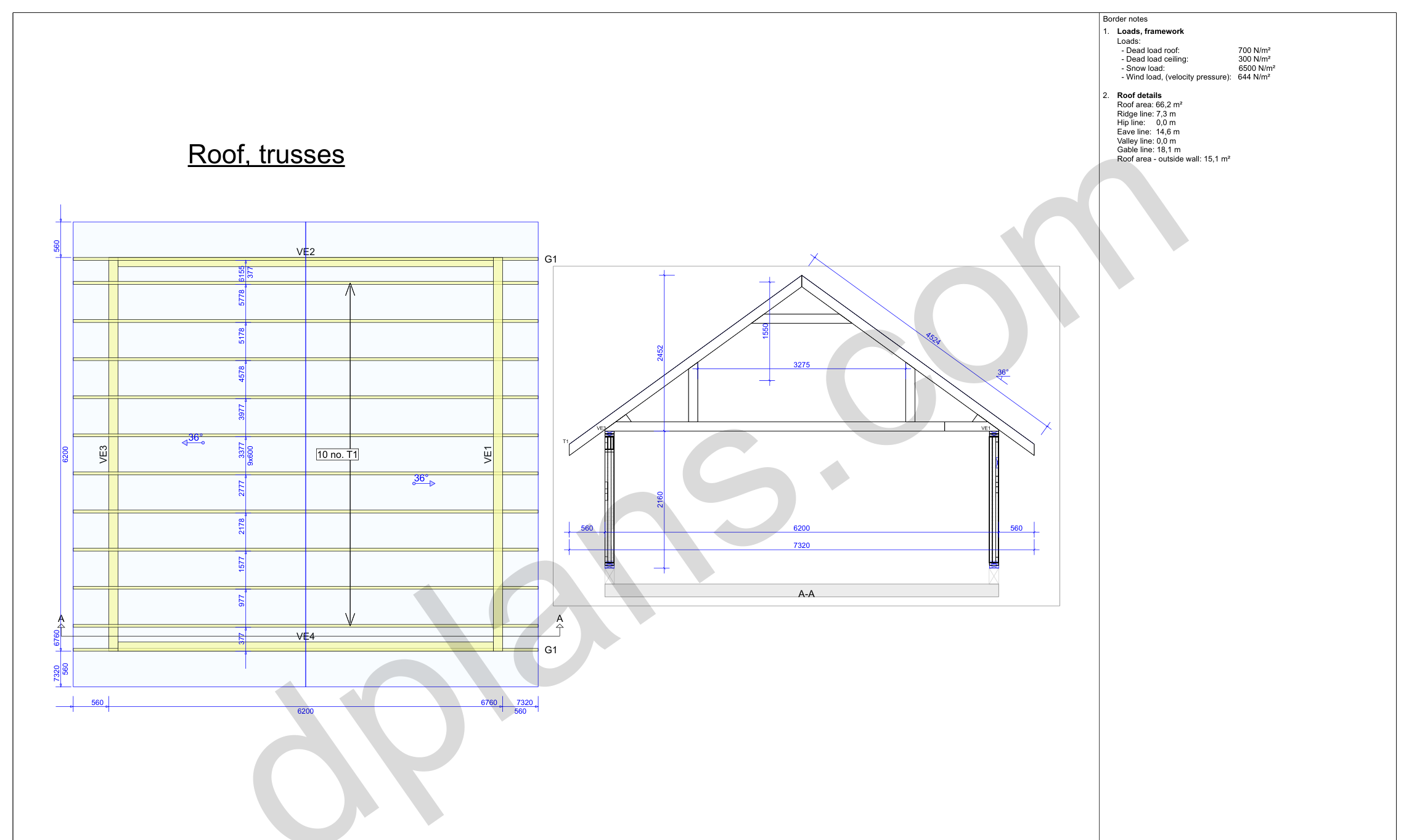 20x20 garage plans, roof truss layout plan and cross section with wall and ridge heights (metric, mm)