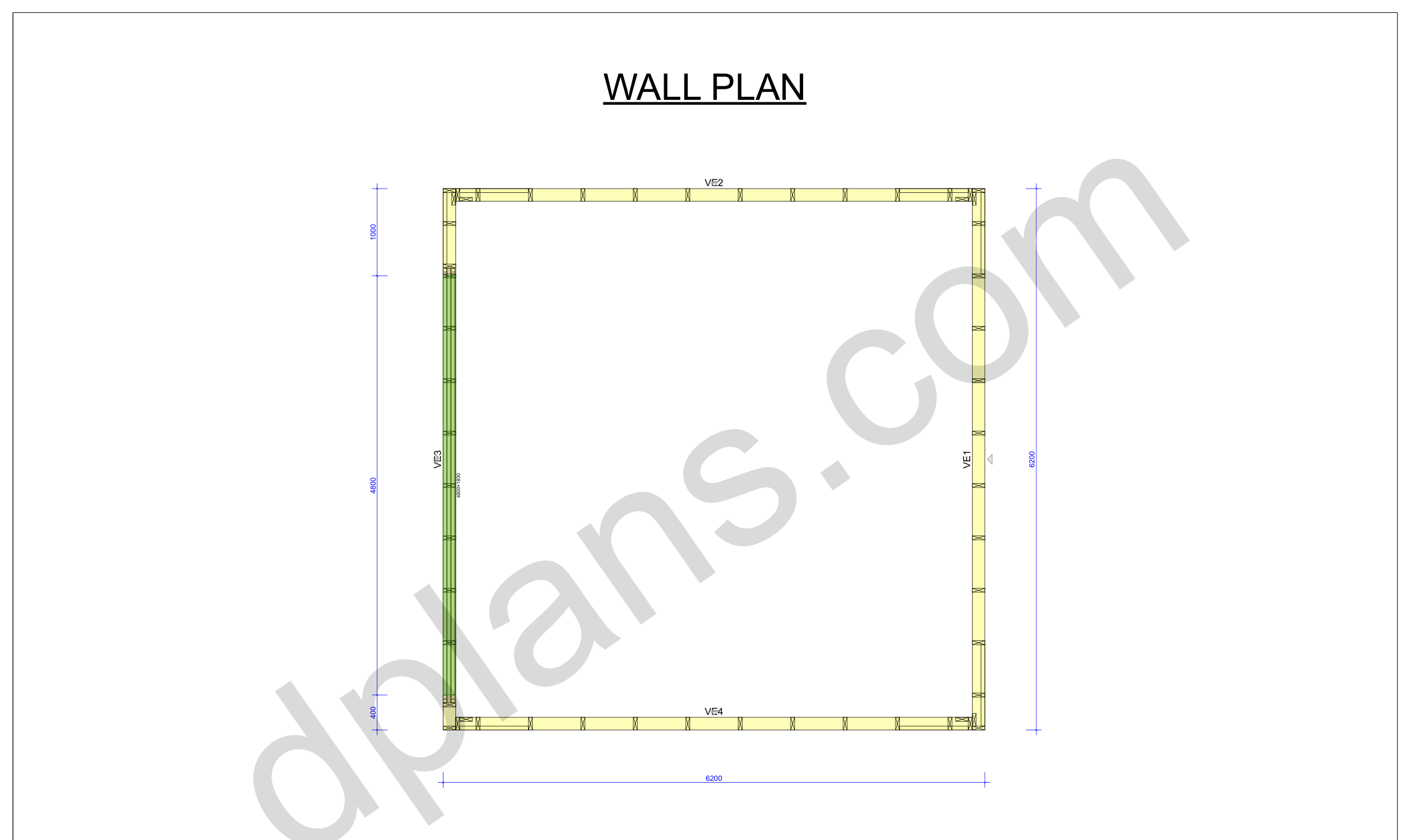 20x20 garage plans, wall layout plan with the four wall panels and the door opening (metric, mm)