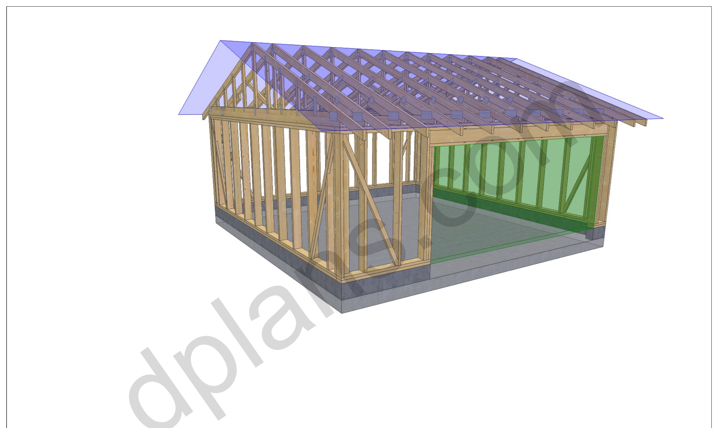20x20 garage plans, 3D view of the timber frame with the garage door opening and roof trusses