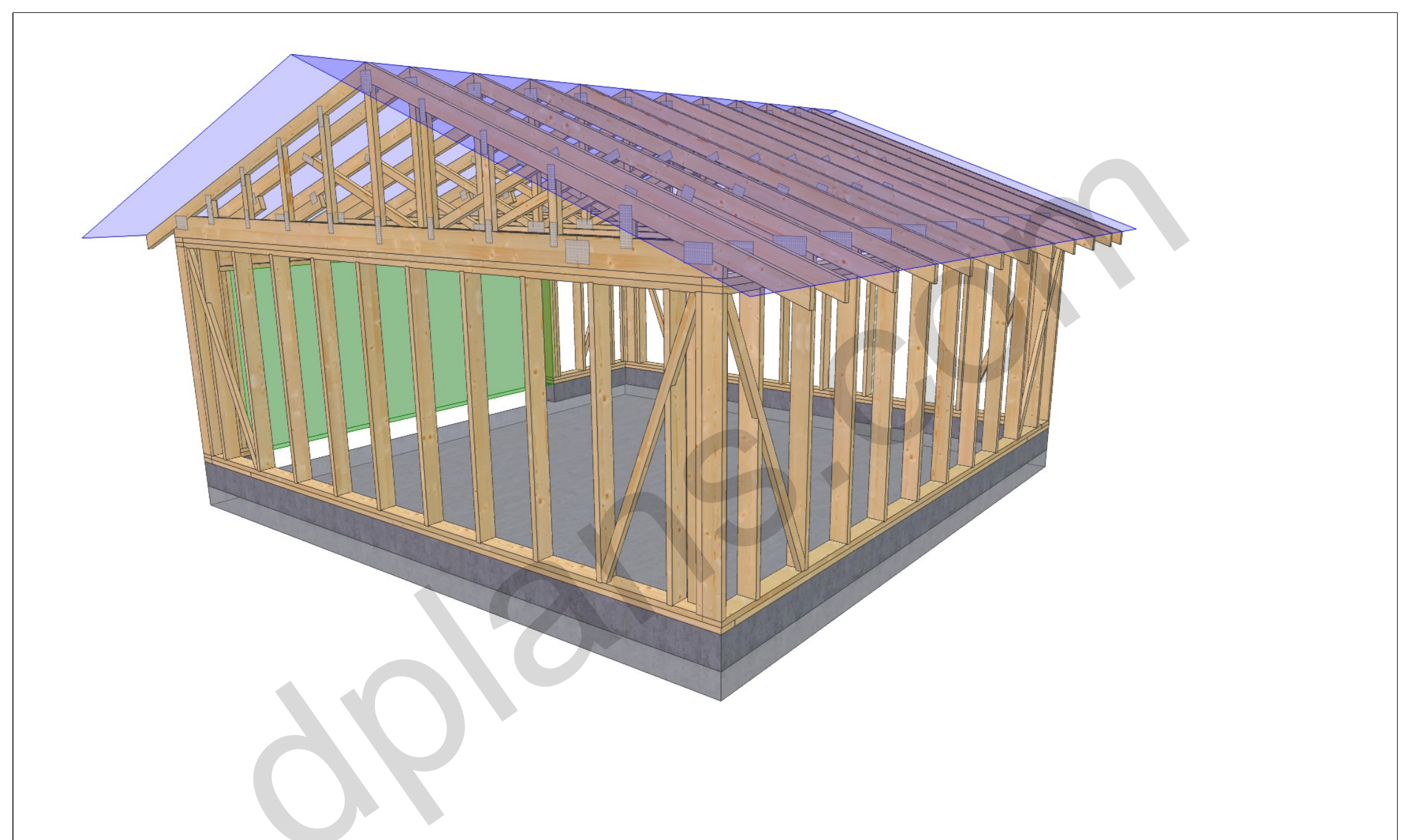 20x20 garage plans, 3D framing view of the stud walls, bracing and roof trusses over the slab