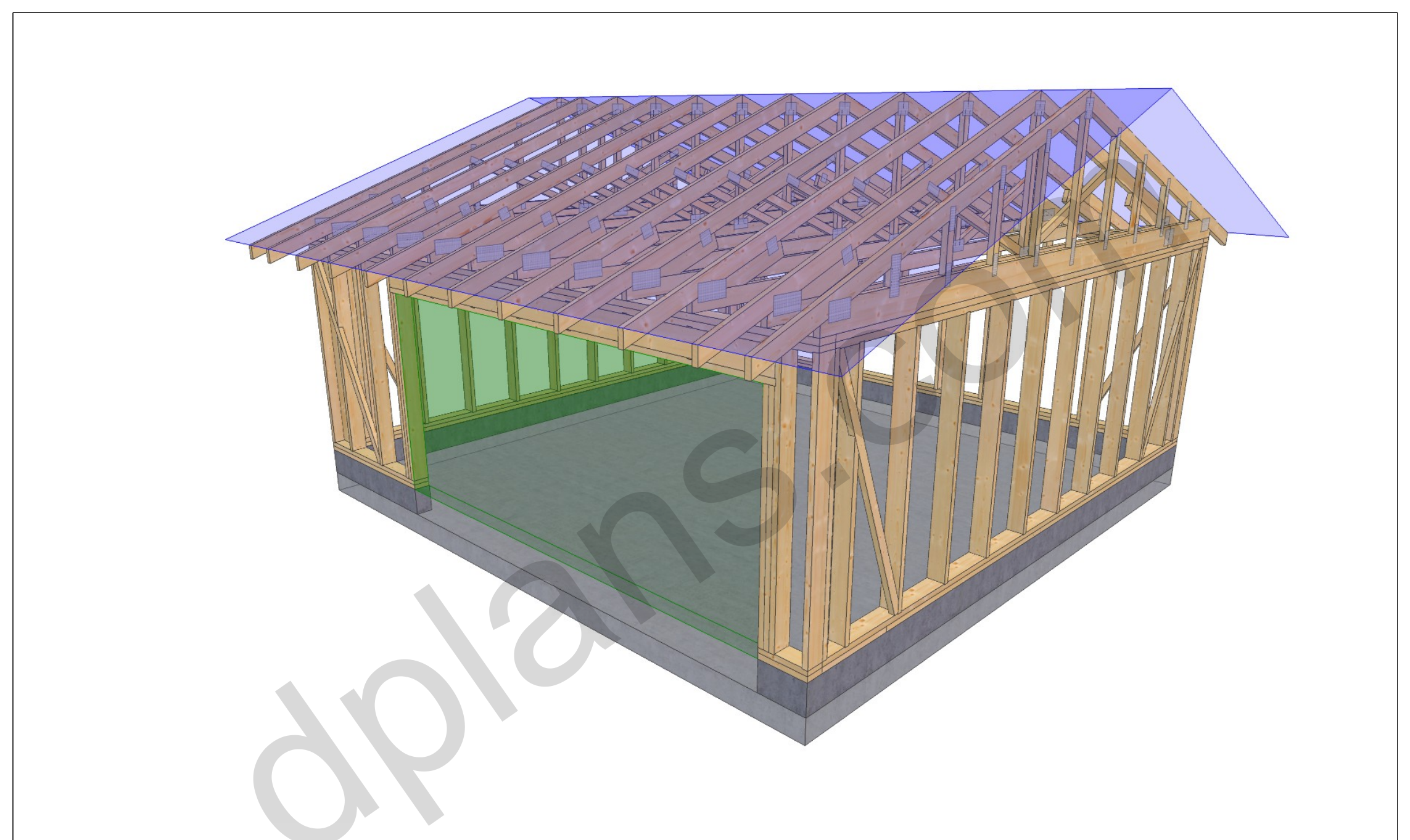 20x20 garage plans, 3D model of the timber frame garage with roof trusses on a concrete slab