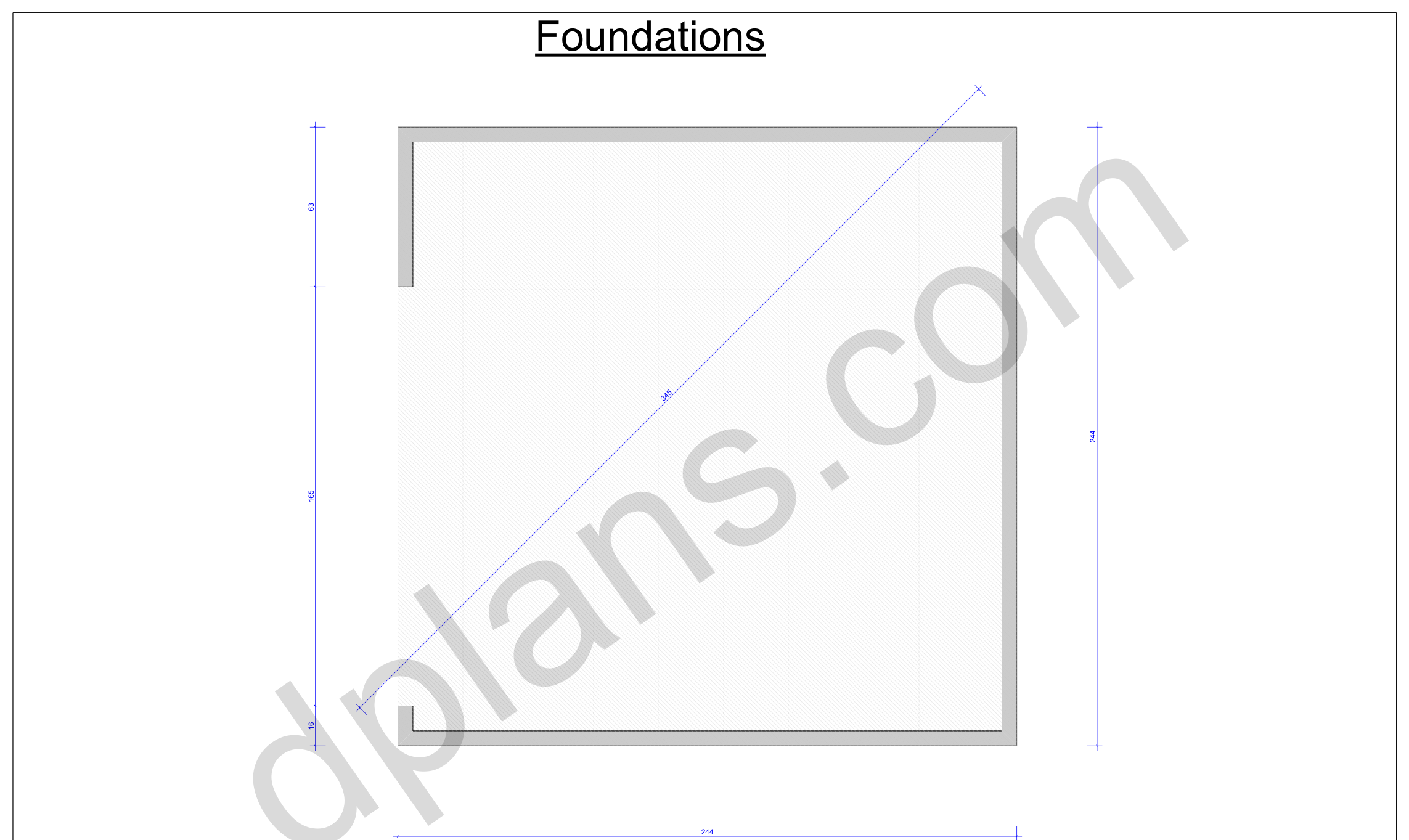 20x20 garage plans, foundation plan with the concrete slab outline and diagonal check (imperial, inches)
