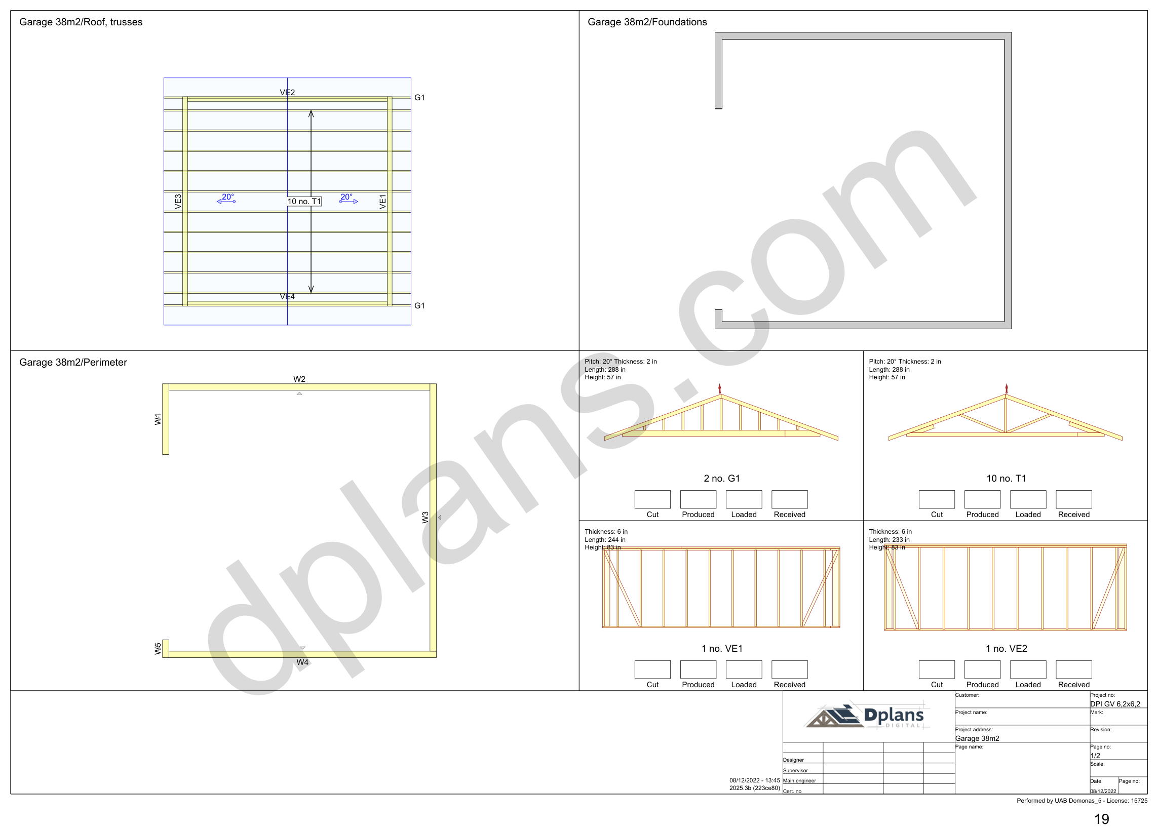 20x20 garage plans, overview sheet with the truss plan, foundation, perimeter and wall panels (imperial, inches)